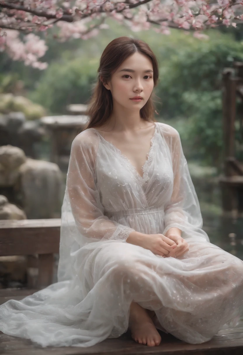 (best quality:1.2), pixel art, wabi-sabi, solitude, girl in transparent nightgown, cross-legged meditation, drenched in sweat, floating flower carriage, translucent mature woman, realistic Japanese garden