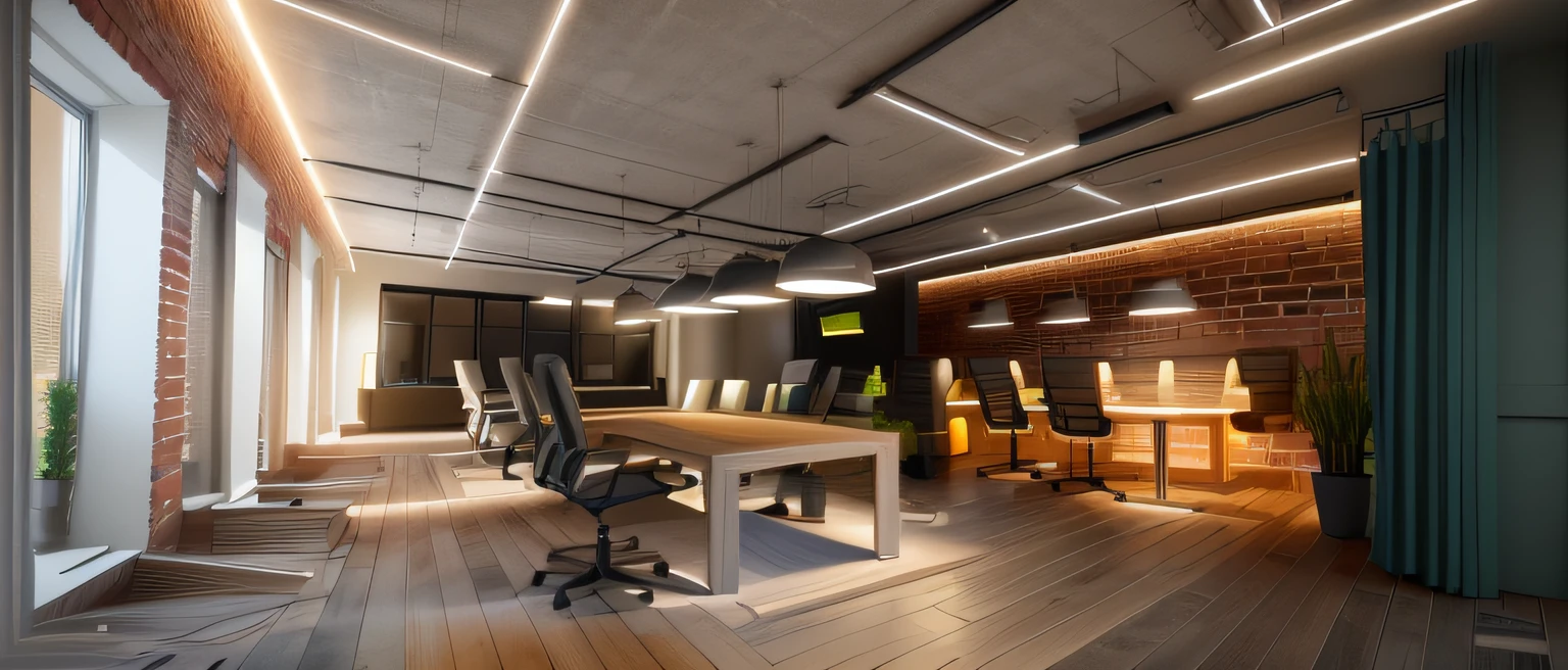 exposed brick wall, some plant, dont change the lights, chair colour should be black, plain ceiling design, white floor, modern theme
