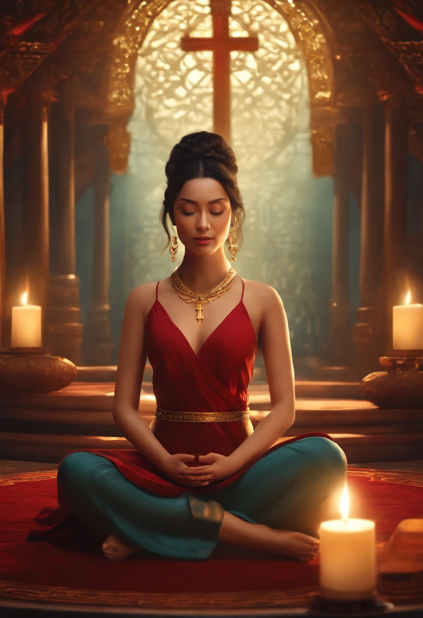 mujer budista con tatuajes y percings en su cuerpo meditando en un templo hindu foto realista --auto