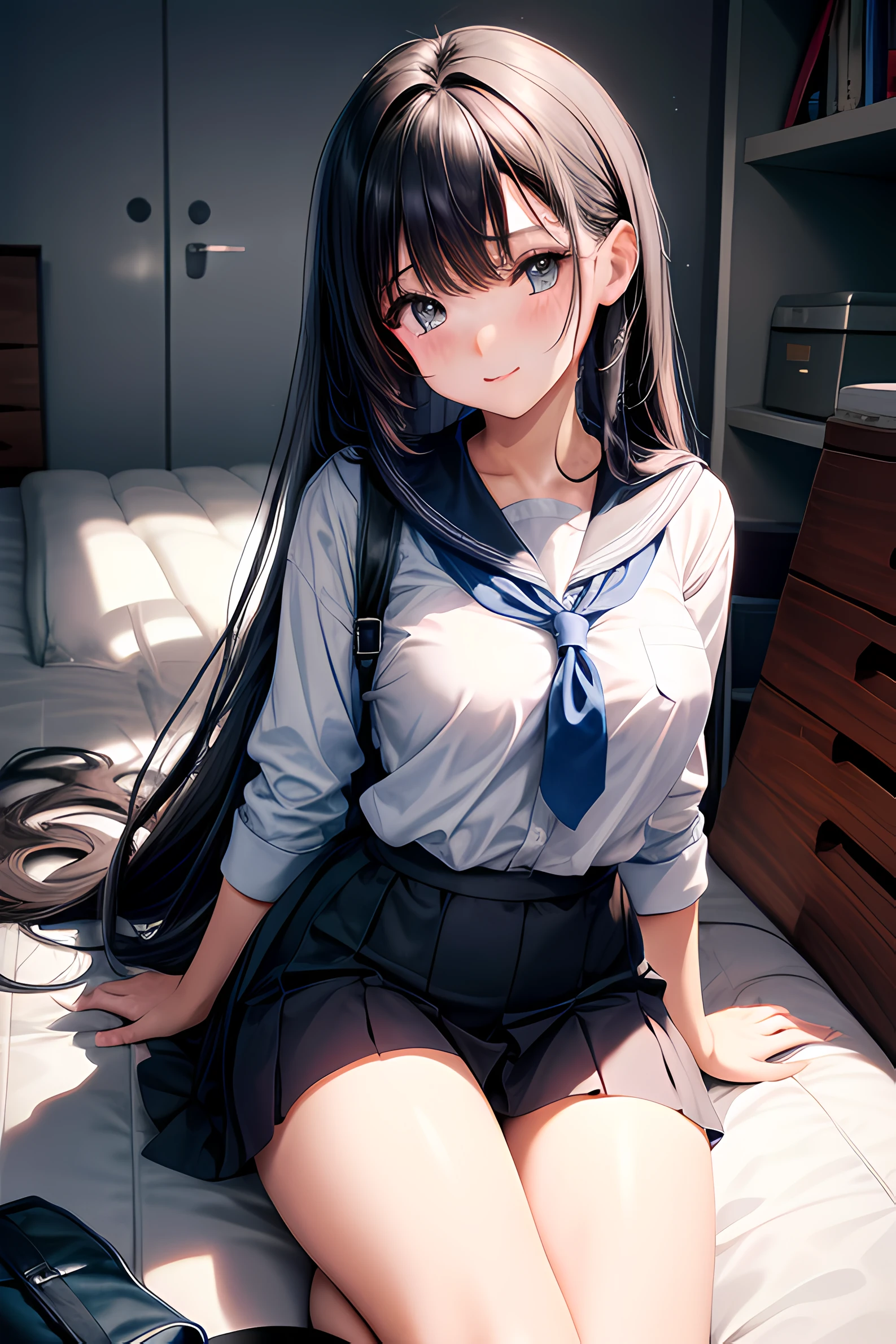 (masterpiece, best quality, highres, UHD, perfect pixel) 1girl, black hair, long hair, wallpaper, school girl