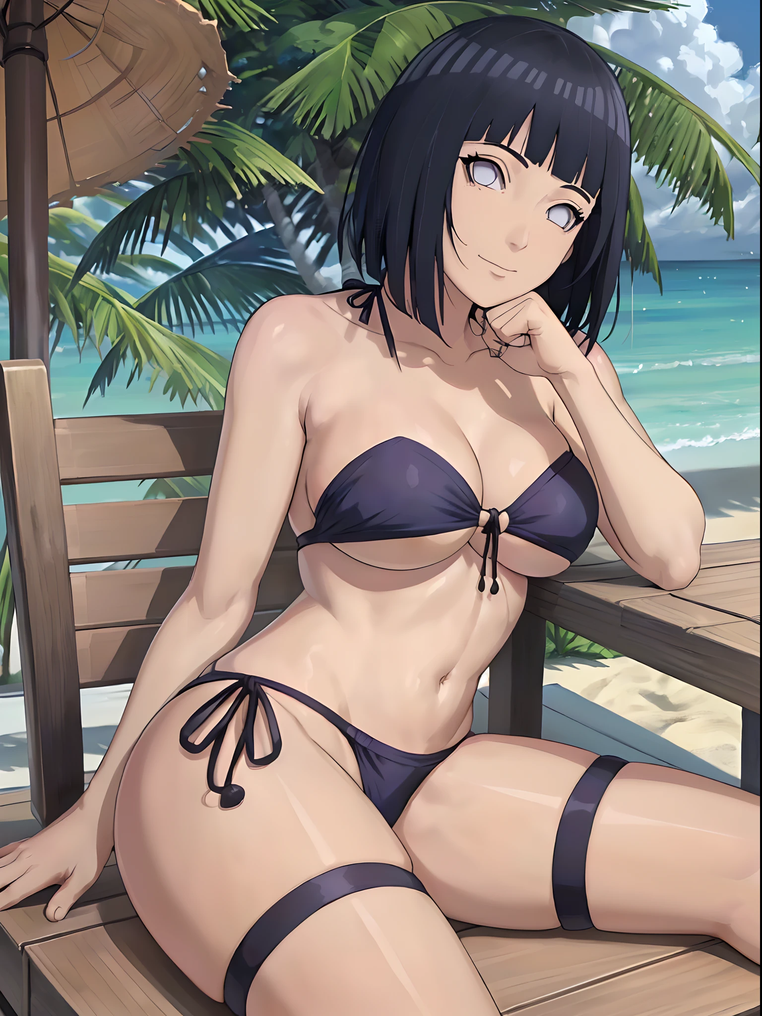 (WALLPAPER,  (hinata\(boruto\), (((very simple strapless bikini, showing very much skin))), masterpiece, 4k, vector coloring, whole body shot, (high color saturation), contrast lighting, mature female, (curvy:0.8), solo, anime style, sharp focus, professional artwork, intricate details, colorful, vibrant colors, vivid colors, digital blending, ultra detailed body, ultra detail hair, ultra detail face, trending on pixiv, very hot colors, (((beach background, outdoors))), detailed bold arm lines, high color saturation, bold lines, bold drawing lines),
(((sunbathing wooden chair, laying down on chair, sunbathing, stretching)), (head tilt), closed mouth, kind smile, gentle look),
((dark blue hair color:1.1), wavy hair, ((short hair, hime cut)),
(perfect eyes, white sciera, bright eyes, white eyes, anime eyes, smoky eyeliner, eyeshadow)
(white skin, (fair skin), slender body, milf, perfect face),
(legs, big breasts, off-shoulders, (detailed shoulders, detailed arm lines)), 
(bare shoulders, bare legs, (closed fists),