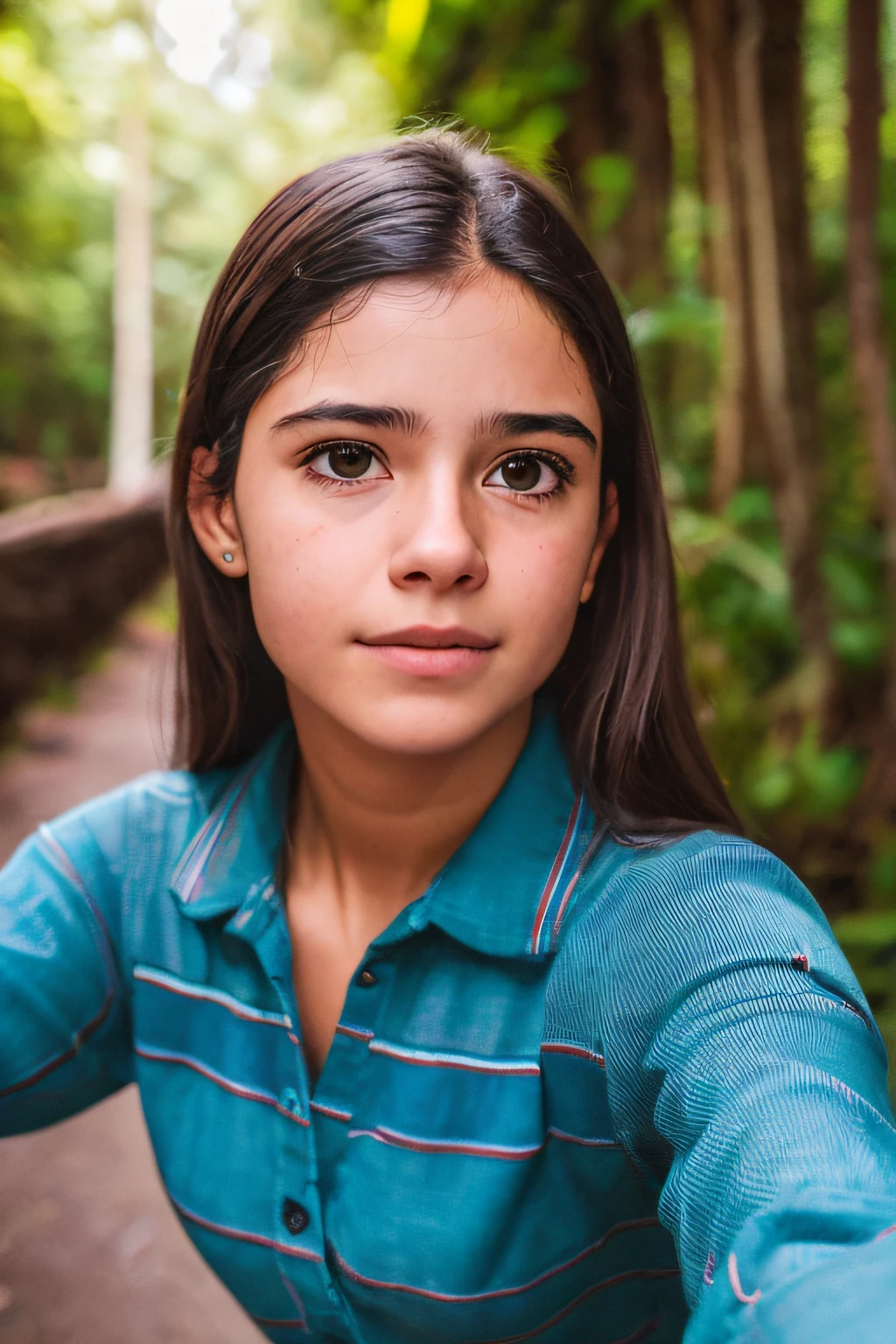 Foto RAW em sequencia, uma foto de uma adolescente 16anos, ((selfie da parte superior do corpo, feliz)), mordendo dedo, rosto detalhado, planos de fundo detalhados pouco desfocados, luzes naturais, HDR, foto realista, foto profissional, flerte com o espectador, visual sexy, fotorrealista, Linda, pele natural, 8k UHD, alta qualidade, filmic grain, Fujifilm XT3
