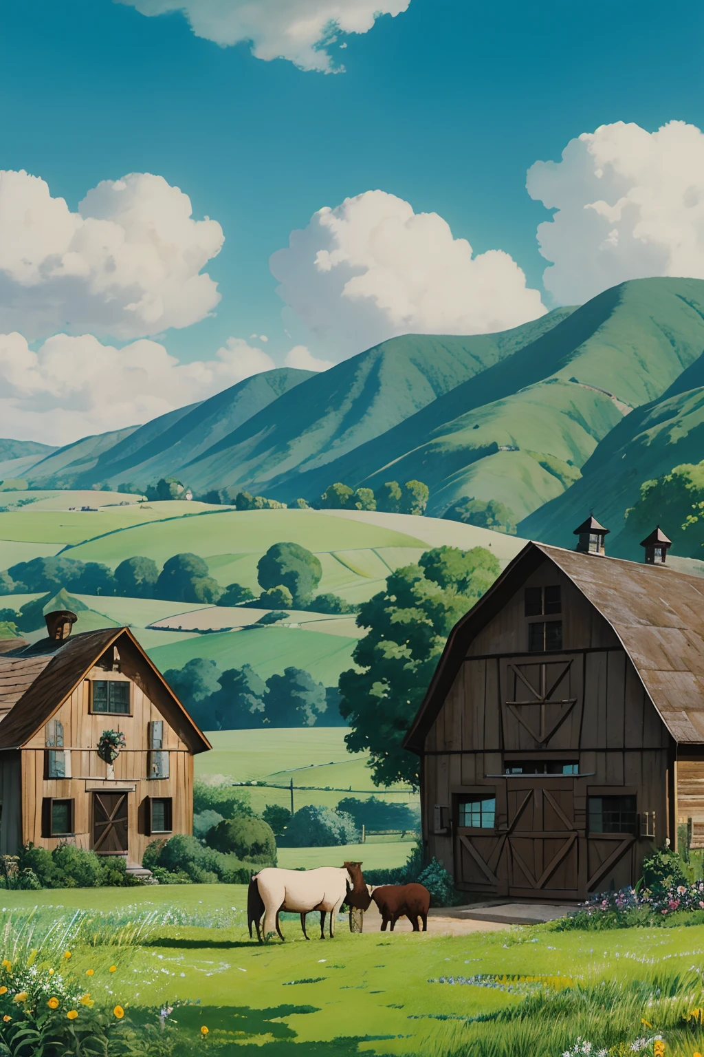 Create a stunning Studio Ghibli-inspired illustration that captures the essence of a perfect, sun-drenched day on a picturesque farm. This scene radiates warmth, tranquility, and a touch of enchantment.The setting is a sprawling, idyllic farm with rolling hills, lush green fields, and charming rustic buildings. The landscape is dotted with colorful flowers and vibrant crops that sway gently in the breeze.The sky overhead is a brilliant blue canvas with a few fluffy white clouds drifting lazily by. The golden rays of the sun bathe the entire scene in a warm, inviting glow, creating a sense of serenity and optimism.On the farm, you might find friendly farm animals like sheep, cows, or horses, peacefully grazing in the fields. Birds sing melodiously from the trees, adding to the harmonious ambiance.The farm's rustic buildings, including a quaint farmhouse and a barn, are adorned with whimsical details and architectural charm, evoking the signature Studio Ghibli aesthetic.In the foreground, you could place a scene of a  or an adult farmer, perhaps wearing overalls and a straw hat, engaged in a simple yet meaningful farm activity like tending to the garden or feeding the animals. Their contentment and connection to nature are palpable.This Studio Ghibli-inspired artwork celebrates the beauty of nature, the serenity of rural life, and the sense of wonder that can be found in the everyday world.