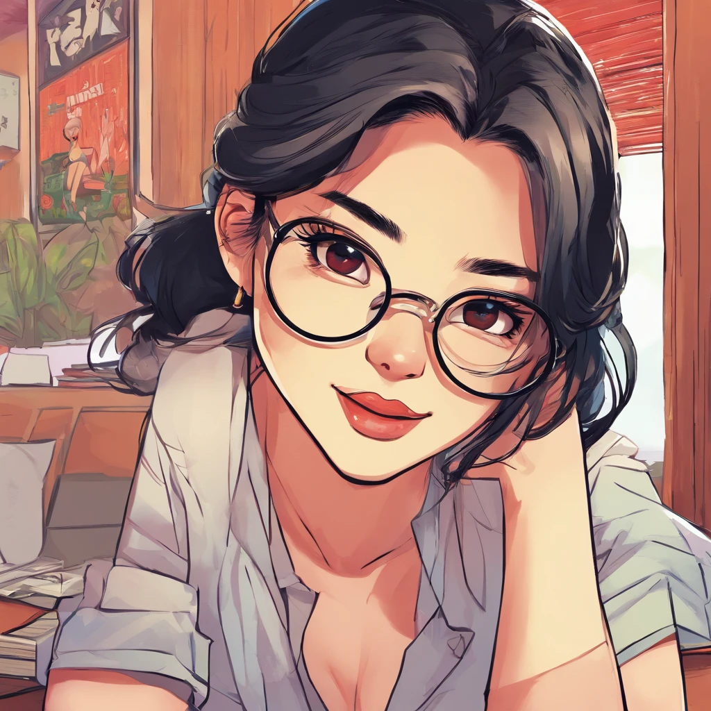(best quality,high resolution),close-up portrait of a girl sitting at a wooden table, wearing a black V-neck short-sleeved shirt and round metal-frame glasses. She is a Chinese girl with her hair tied in a middle part, resting her left hand on a mouse while gently cradling her chin with her right hand. She slightly purses her lips, and her eyes gaze directly into the camera. The background consists of blinds, and there is a laptop in the bottom left corner.