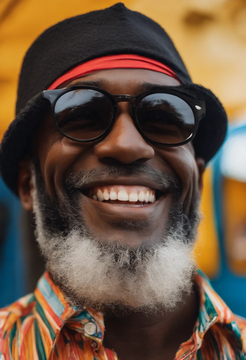 homem negro, youthful appearance, com barba, bonnet, magro, black glasses, sorriso boniito
