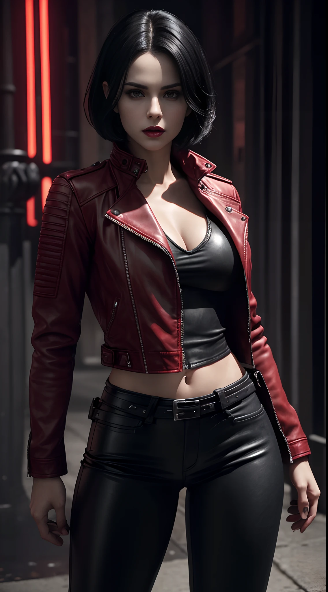 Selene from Underworld as a vampire mercenary with short black hair, pale skin, (wearing red leather jacket and black tight pants:1.2), view from front, (waist up shot:0.9), dynamic pose, ambient lighting, photo realism, intricate face detail, intricate hand details, highly detailed, vibrant colors, cinematic, high definition, trending on Artstation--style raw