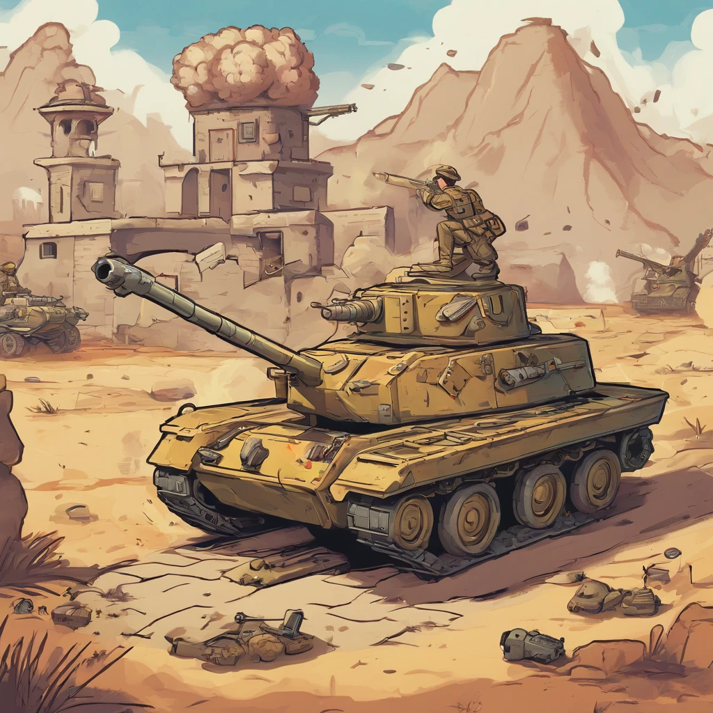 machine gun turret,1950s USA theme,cartoon style,(best quality,4k,8k,highres,masterpiece:1.2),ultra-detailed,realistic:1.37,steel texture,retro vibe,vibrant colors,sketched lines,Vintage cartoon style,hand-drawn design,classic tower defense game,action-packed scene,explosions and smoke,lively characters,eager soldiers,courageous heroes,commanding officer,team of engineers,military base,desert landscape,American flag waving proudly,blast-resistant bunker,concrete walls,watchtower,antiaircraft machine gun,towering presence,dynamic composition,tension and excitement,fast-paced gameplay,threatening invaders,strategic defense,protecting the homeland,retro technology,advanced weaponry,flare of muzzle flashes,cool retro uniforms,authentic 1950s vehicles,authentic sound effects,vivid colors,comic book feel,energetic and bold lines,playful expressions,storybook atmosphere,captivating and immersive,exciting visuals,tower defense masterpiece