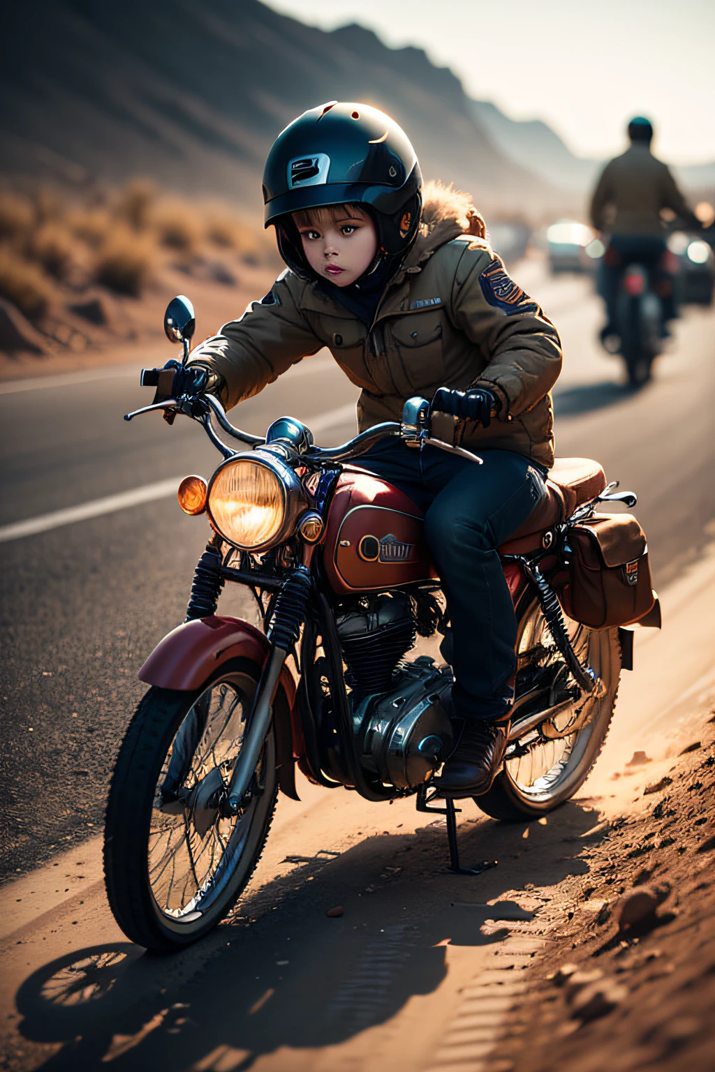 Vintage Bikes：Spanning children、 Car driving on dirt, (High detail RAW photo), (masutepiece, Photorealistic, heavy shadow, Dramatic and cinematic lighting, key lights, Fill Light), Sharp Focus, film grains, Grainy, Cinematic, Cinematic bloom, depth of fields, the background is blurred