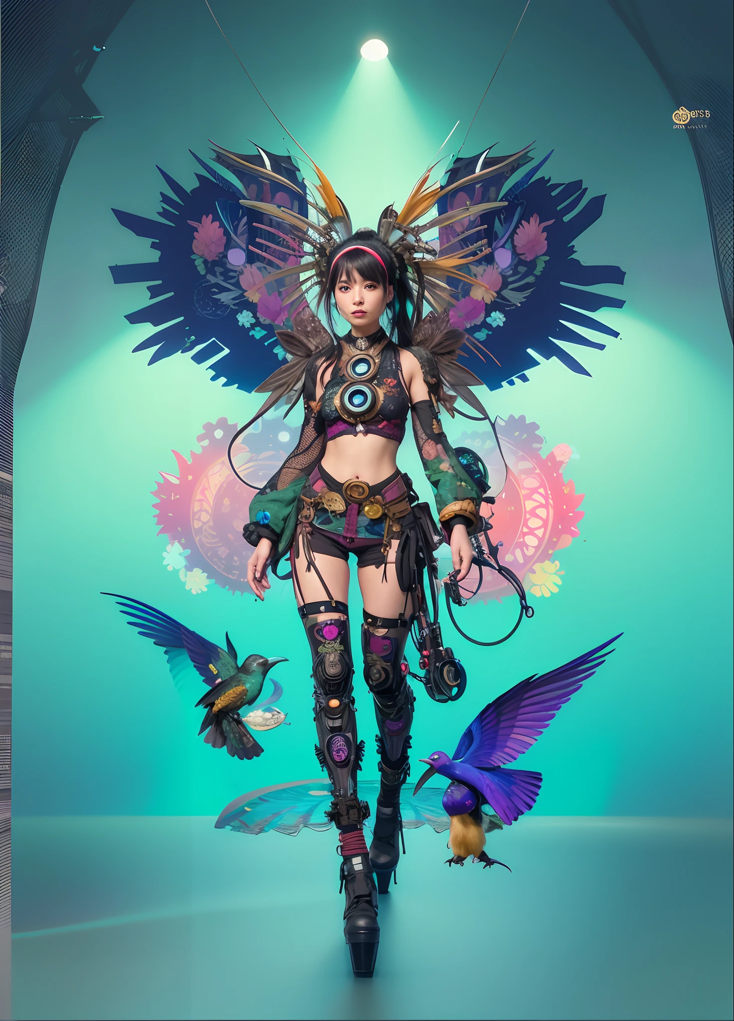 Woman in costume carrying bird and bird on her back, colorful sci-fi steampunk, Solarpunk Human, Digital Cyberpunk Anime Art, colorfull digital fantasy art, Vivid steampunk concept, digital cyberpunk - anime art, cyberpunk flowerpunk, digital steampunk art, Cyberpunk Anime Girl, steampunk beautiful anime woman, intricate ornate anime cgi style, Fashionable cyberpunk mechanoids