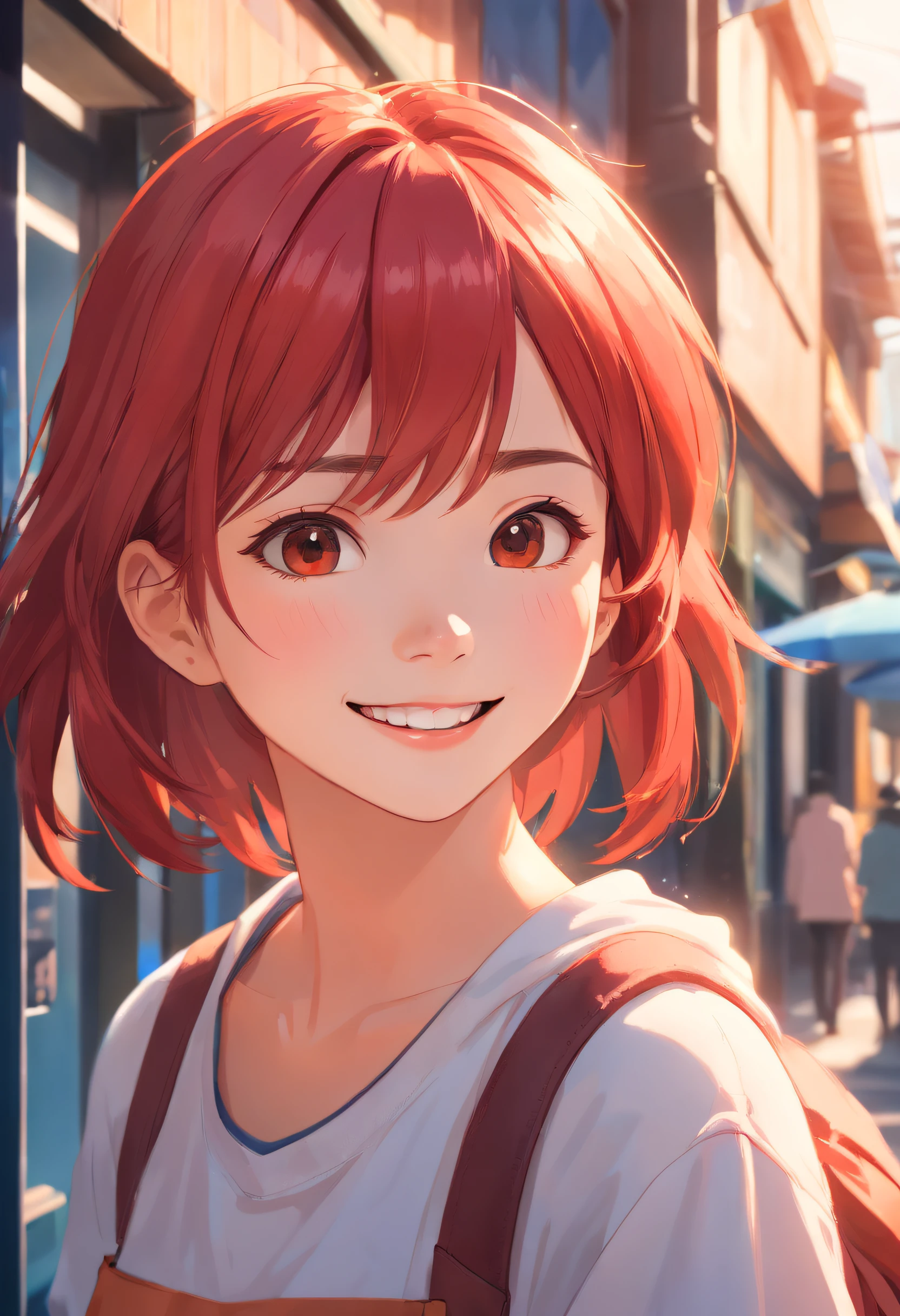 dreamlikeart, ((analogue)), (Best Quality), ((photos realistic)), ((Realistic)), (ultra-detailliert:1.3), ((cinematic color grading)), (highlydetailed skin), 1girl in, (yilishazi), Smile, (Platinum red hair:1.2), warm sunlight, White teeth, [tusk]