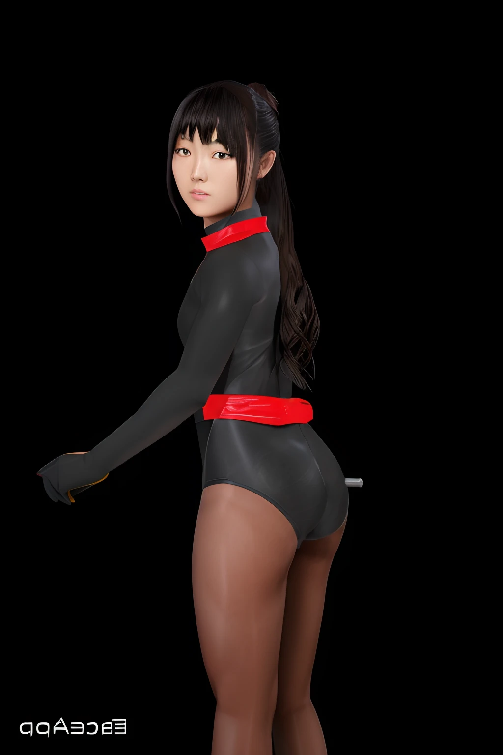 Alafed woman in black and red costume posing for photo, asuka suit under clothes!, katanas strapped to her back, zora々Shishi Japan of Girls, Kunoichi, Rin Tohsaka, render of a cute 3d anime girl, 3d anime girl, wearing leotard, full body zenkai! asuka suit、top-quality、Photoreal Stick、8k,Wearing a Skin Tight Treotard