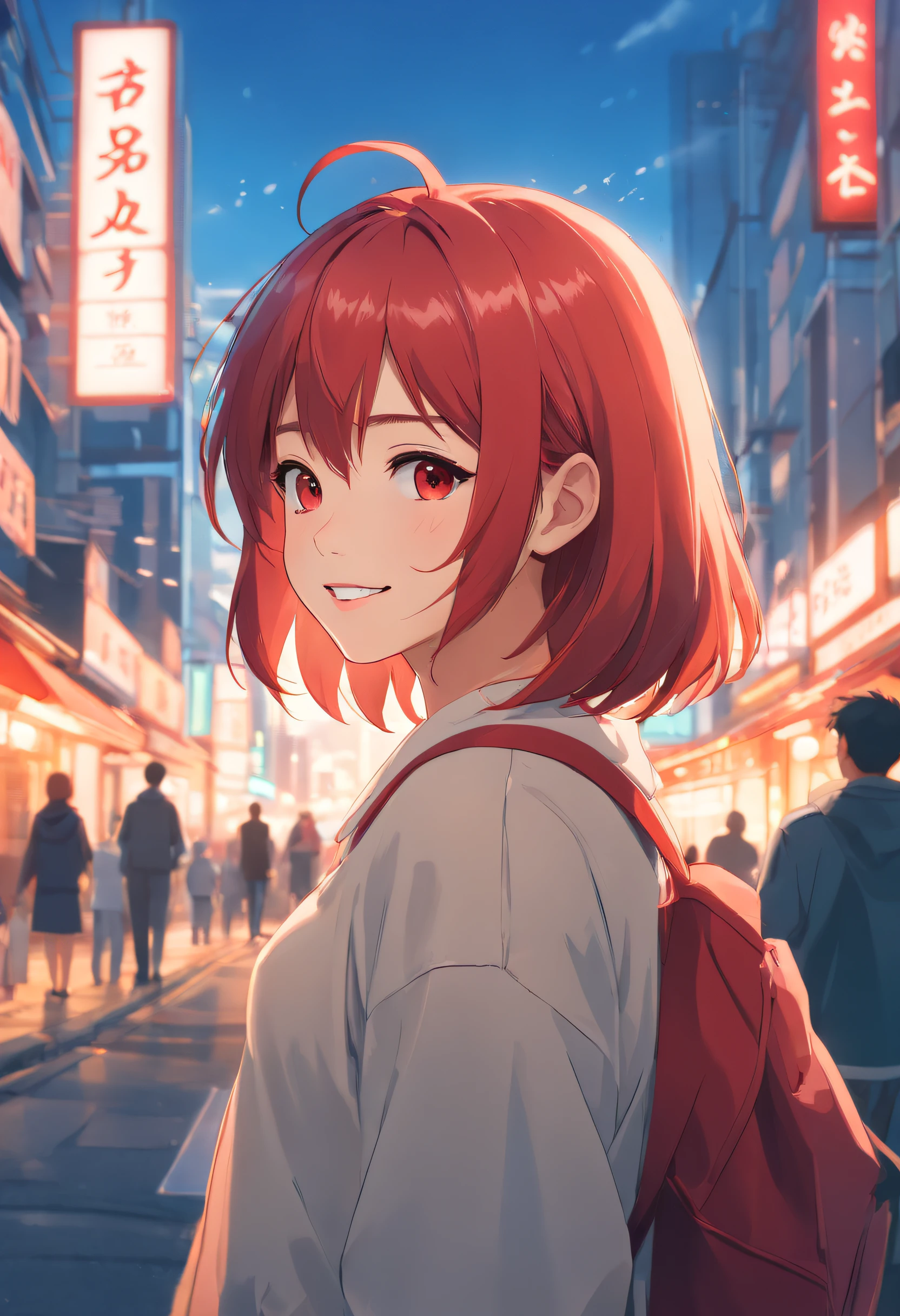dreamlikeart, ((analogue)), (Best Quality), ((photos realistic)), ((Realistic)), (ultra-detailliert:1.3), ((cinematic color grading)), (highlydetailed skin), 1girl in, (yilishazi), Smile, (Platinum red hair:1.2), warm sunlight, White teeth, [tusk]