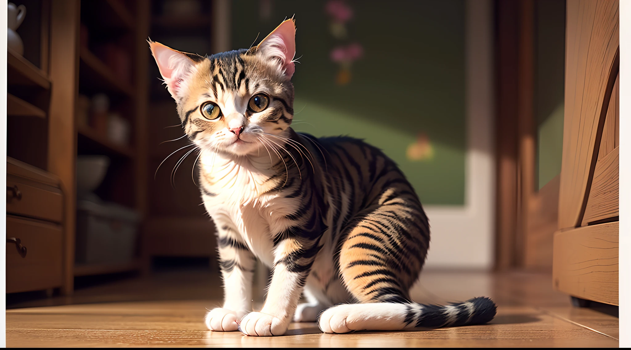 Cute cat standing on two legs kitten Tiger cat Eyes on the camera Looking from the front