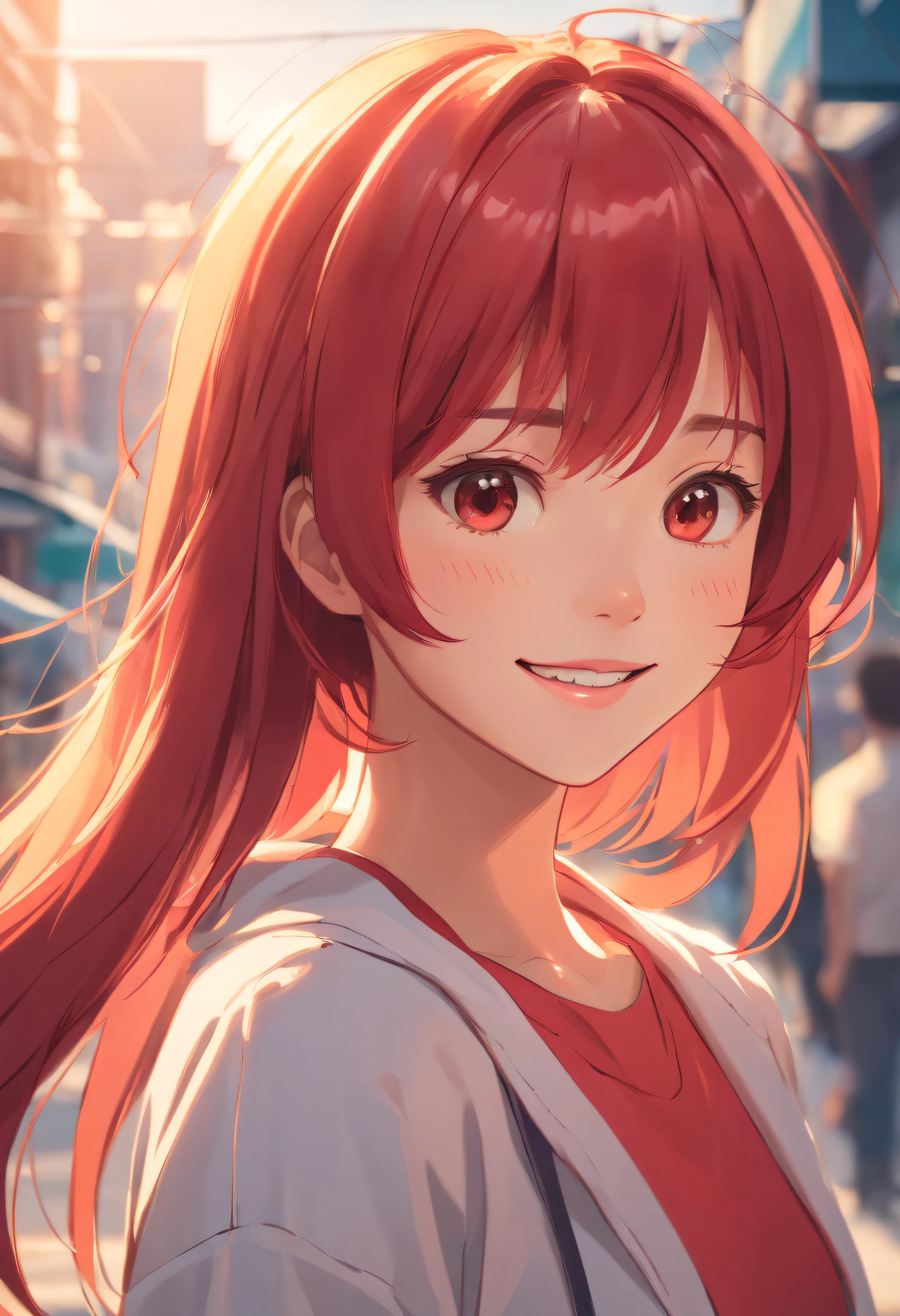 dreamlikeart, ((analogue)), (Best Quality), ((photos realistic)), ((Realistic)), (ultra-detailliert:1.3), ((cinematic color grading)), (highlydetailed skin), 1girl in, (yilishazi), Smile, (Platinum red hair:1.2), warm sunlight, White teeth, [tusk]