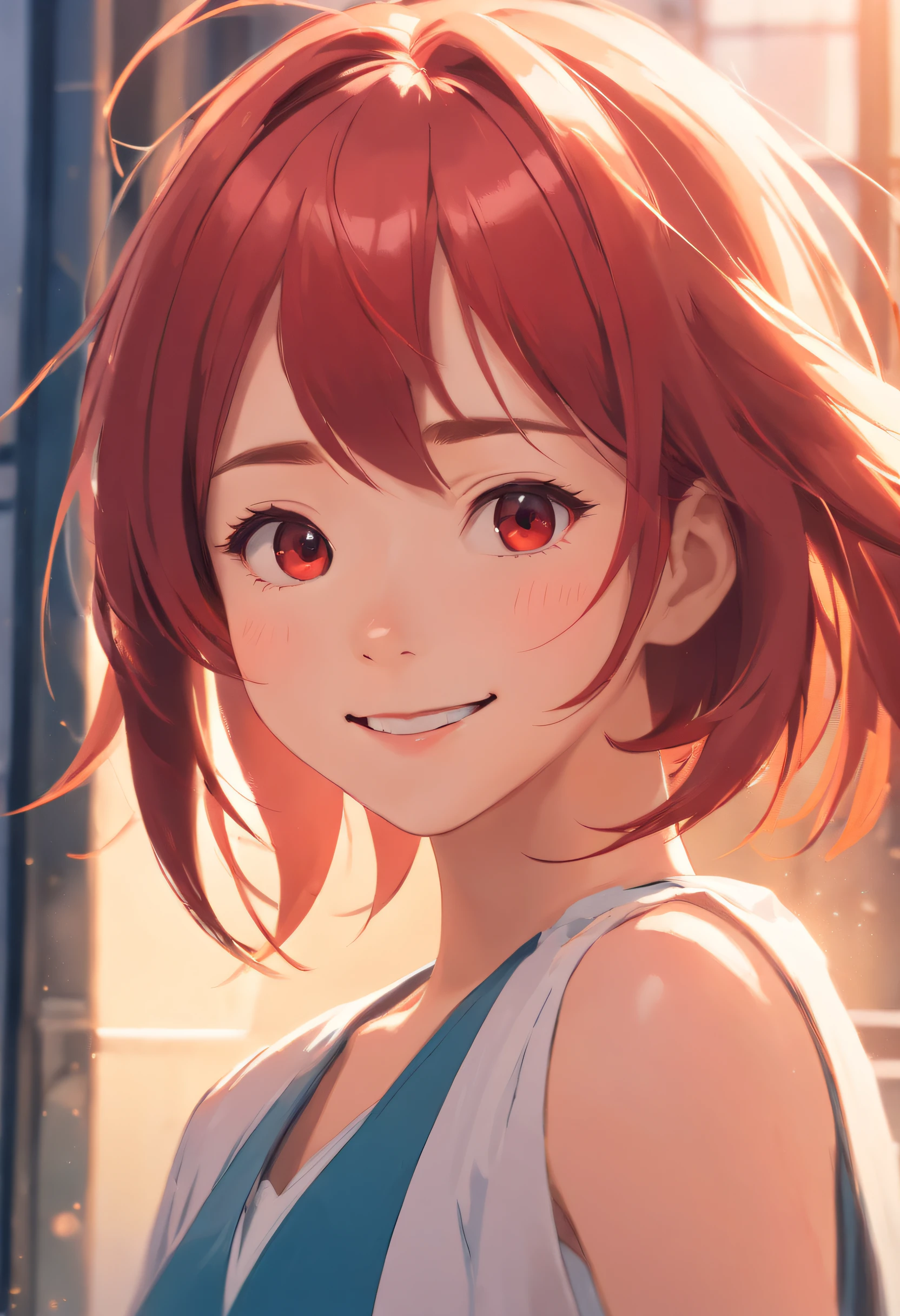 dreamlikeart, ((analogue)), (Best Quality), ((photos realistic)), ((Realistic)), (ultra-detailliert:1.3), ((cinematic color grading)), (highlydetailed skin), 1girl in, (yilishazi), Smile, (Platinum red hair:1.2), warm sunlight, White teeth, [tusk]
