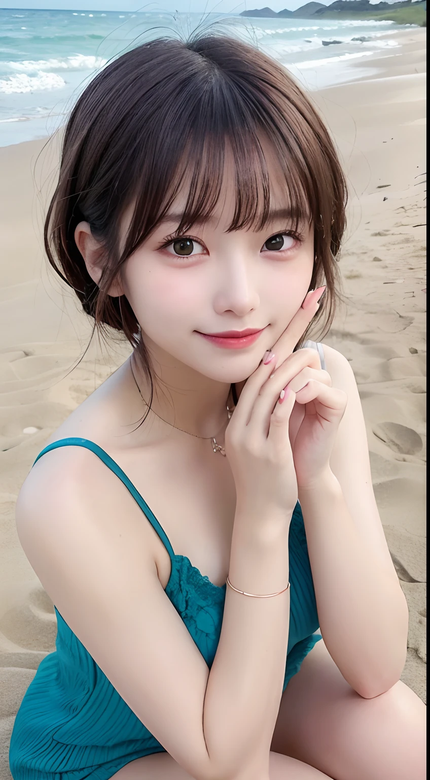 masutepiece, Best Quality, Illustration, Ultra-detailed, finely detail, hight resolution, 8K Wallpaper, Composition including perfect whole body, Beautiful detailed eyes, ((Sit on the beach and cross your legs:0.9)),((fullnude:0.5))、 Random and cute hairstyles, Medium chest, Natural Color Lip,Beach, Random and cute poses,((A big smile that makes you squint)),((breastsout、under look eyes、Mole on the arm:0.9))、((short-cut))、((Along the coast:1.1))、((Frontal camera work))、((Hide with the palm of your hand,:1.3)),((Traces of blood vessels in the chest))