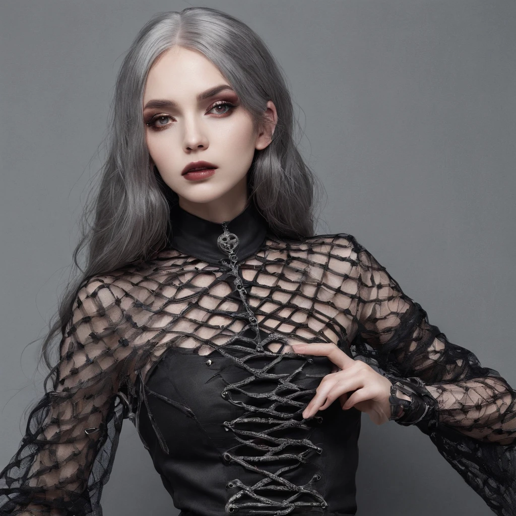 Girl with gothic net symbolic clothes, 。.com (Barbed wire of the body) brunette color hair,Gray hair ends
