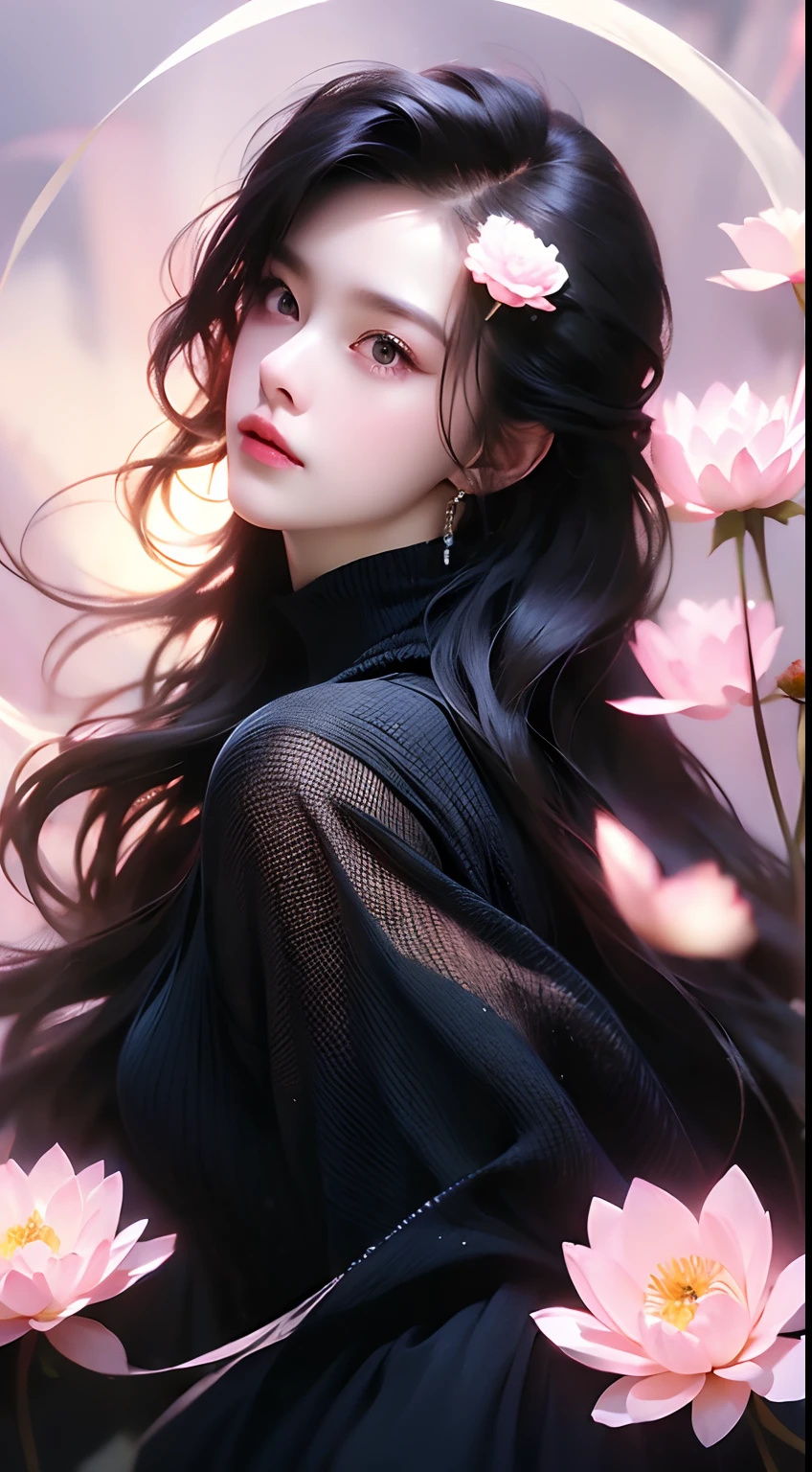 1个Giant Breast Girl,Stand under a giant pink lotus flower,Black color hair,floated hair,Hazy beauty,Extremely beautiful facial features,Light apricot and light pink tulle texture flowing dress,High neck with long sleeve dress,turtleneck dress,Fluffy big skirt dress,Soft Light on Face,Slim and thin body,(Flat girly figure,smallunderboob,flatchest)Light gauze streamers fly,Colorful flowers,(springtime, Fantastic alpine wetlands,ln the forest,mountain ranges), Simple vector art, Contemporary Chinese art, the soft light,Overlooking