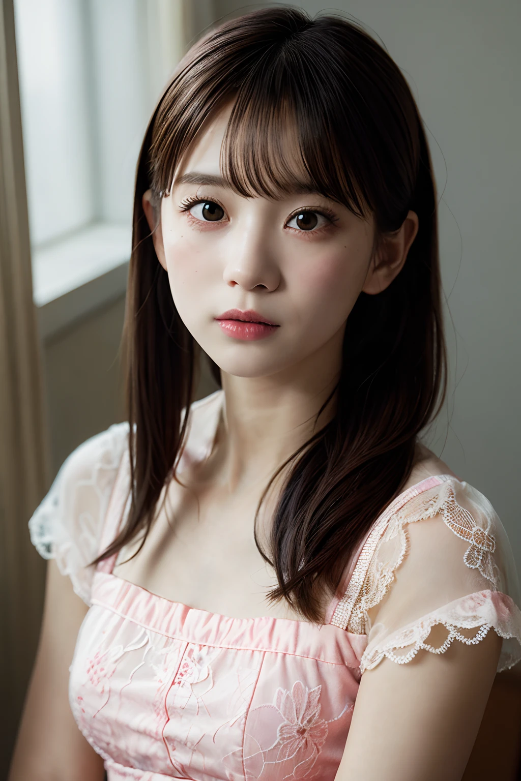 highest quality, face focus, soft light, ultra high resolution, (realistic:1.4), Raw photo, 1 Japanese girl, alone, cute, (pupil, There's a light in my eyes), detailed beautiful face, (),(High resolution details of human skin texture), (long hair), indoor, damask shirt dress, (portrait)