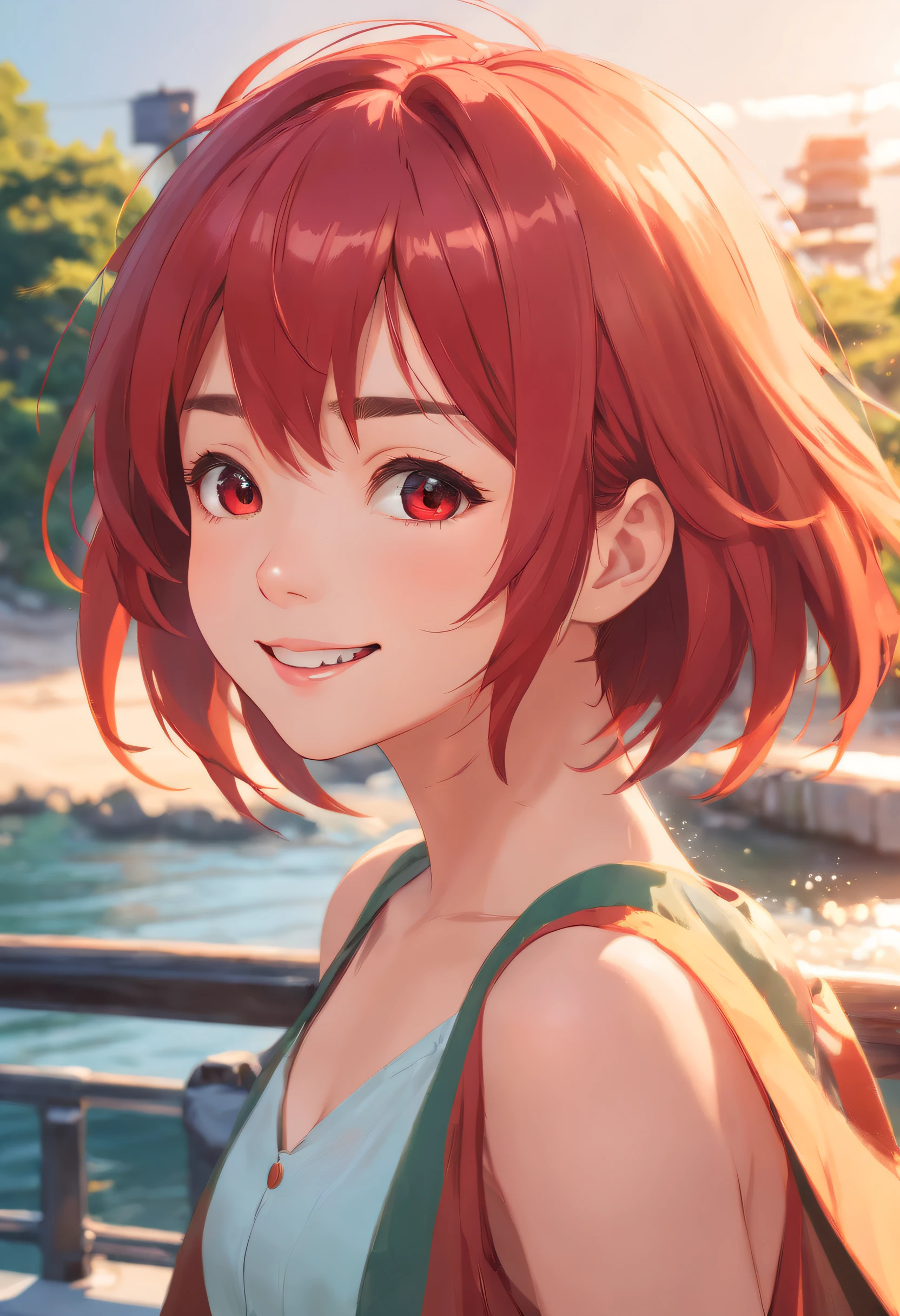 dreamlikeart, ((analogue)), (Best Quality), ((photos realistic)), ((Realistic)), (ultra-detailliert:1.3), ((cinematic color grading)), (highlydetailed skin), 1girl in, (yilishazi), Smile, (Platinum red hair:1.2), warm sunlight, White teeth, [tusk]
