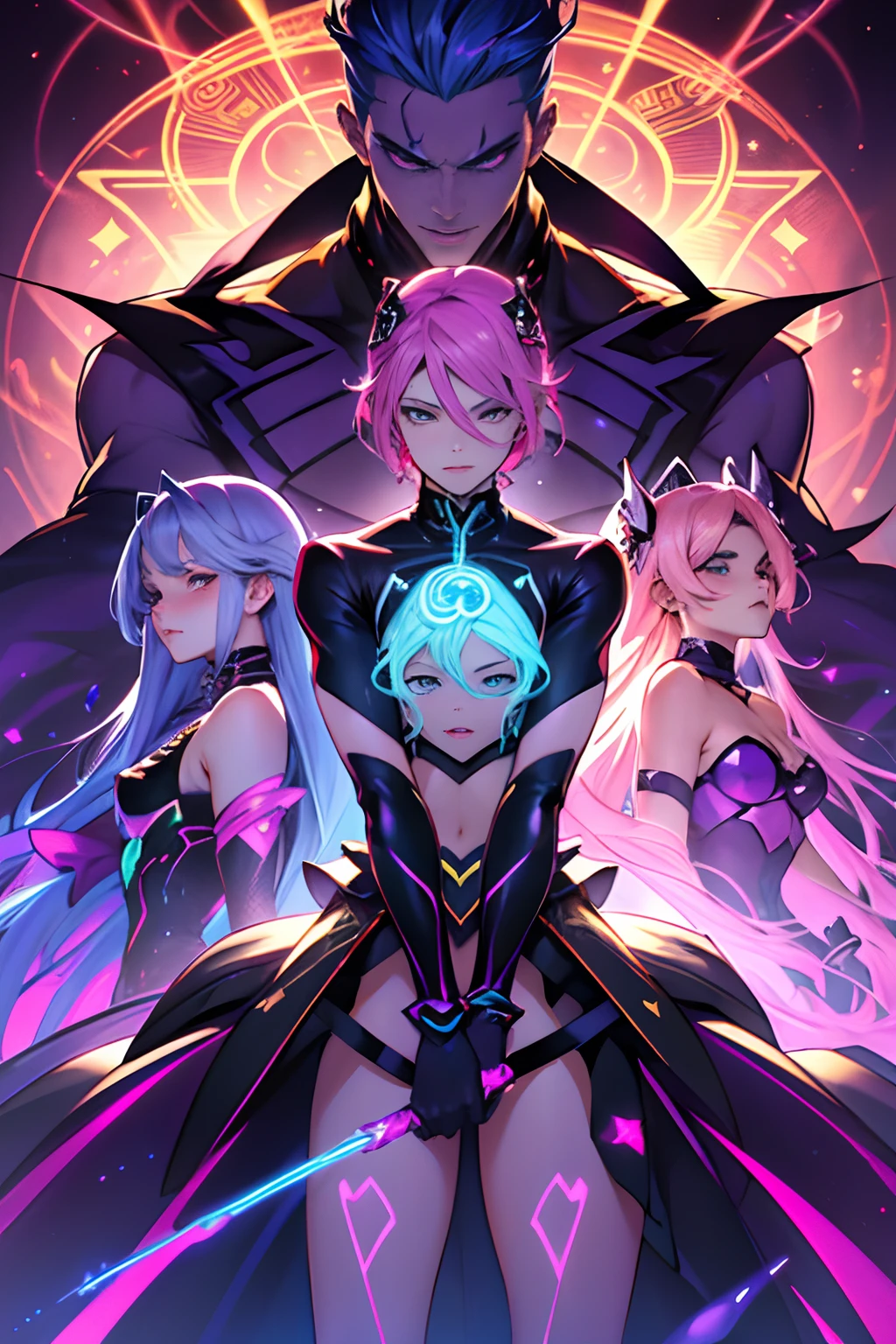 A group of 6 villains of Mahou Shojo, Style corrospidas magical girls, sexys, Diabolical, Golden and holographic clothing, cabelos volumosos e longos  de cores vibrantes, Mean expressions, the background a chaotic labyrinth of neon colors