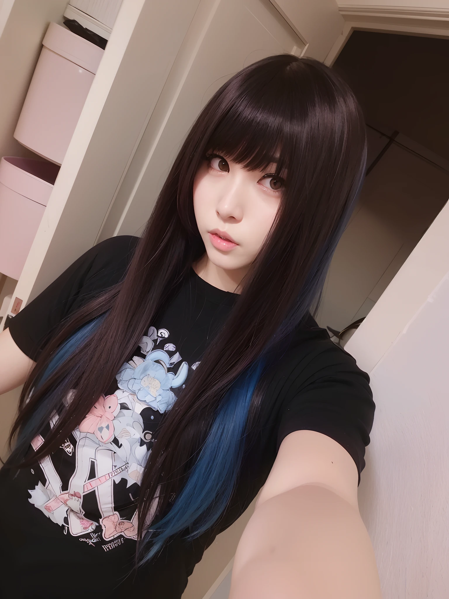 arafed woman with long black hair and blue hair taking a selfie, ulzzang, anime girl in real life, black hime cut hair, long dark hair with bangs, with straight black hair, long hair with full bangs, cruel korean goth girl, long black hair with bangs, hair blackbangs hair, sui ishida with black hair, long hair with bangs