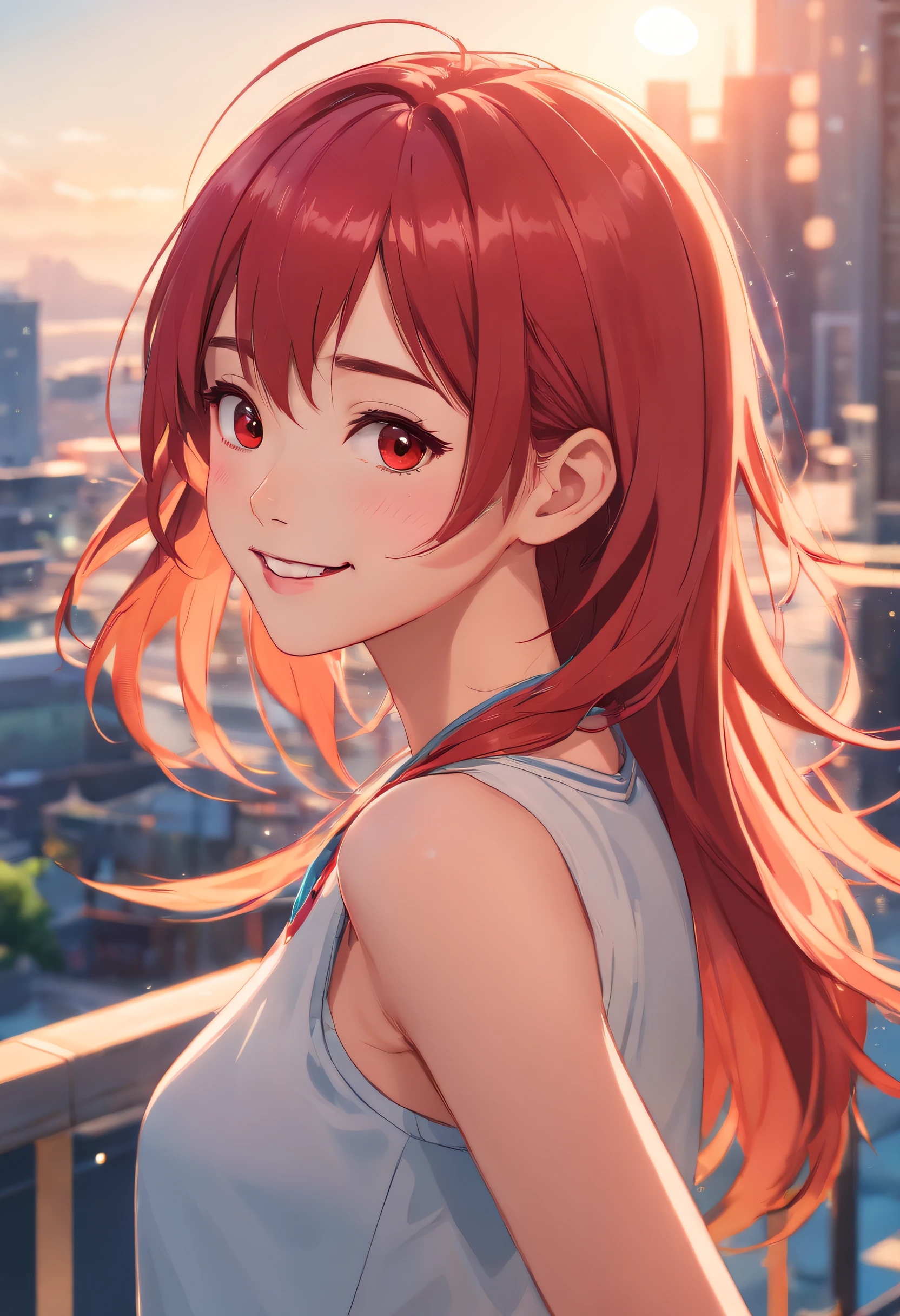 dreamlikeart, ((analogue)), (Best Quality), ((photos realistic)), ((Realistic)), (ultra-detailliert:1.3), ((cinematic color grading)), (highlydetailed skin), 1girl in, (yilishazi), Smile, (Platinum red hair:1.2), warm sunlight, White teeth, [tusk]