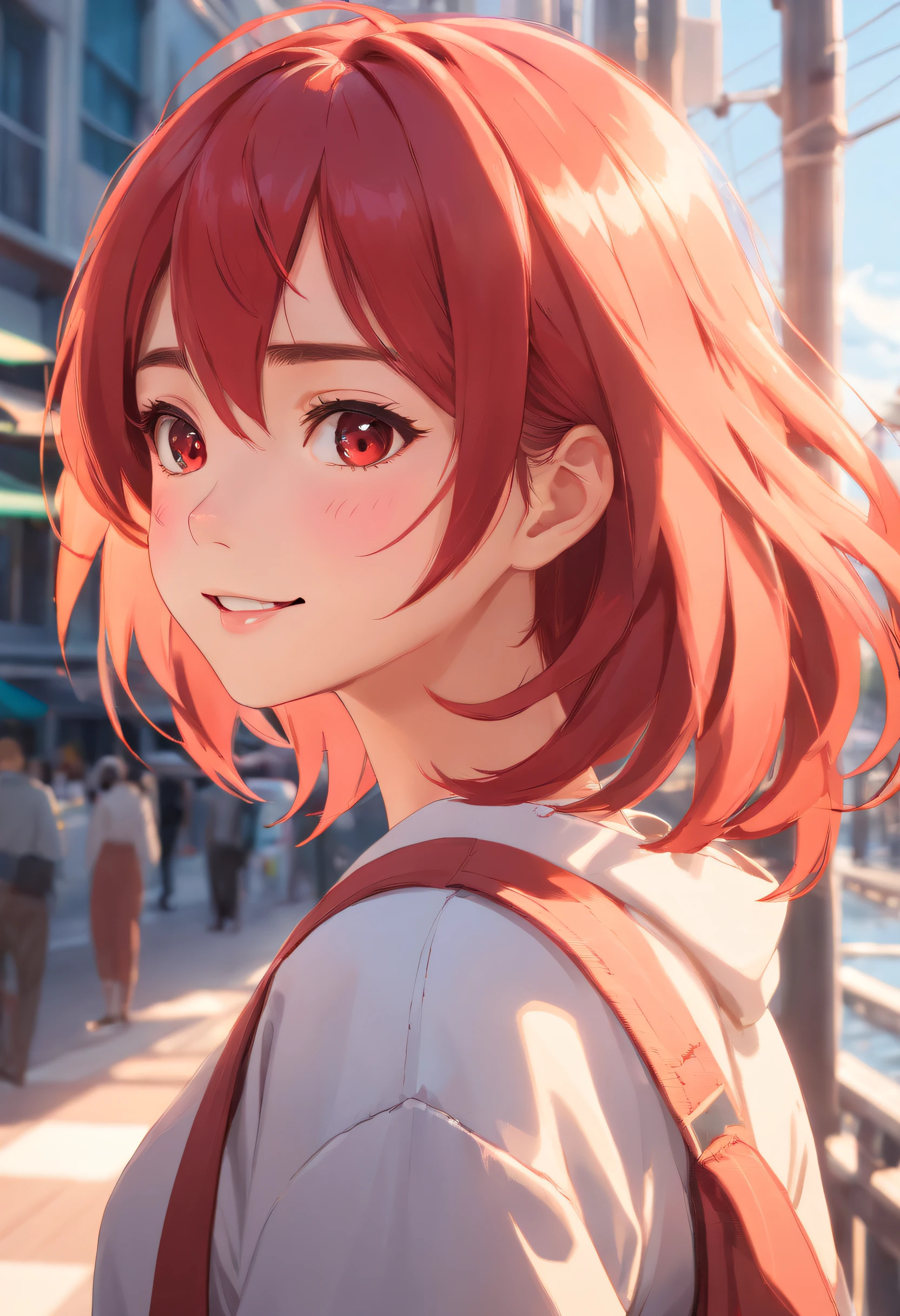 dreamlikeart, ((analogue)), (Best Quality), ((photos realistic)), ((Realistic)), (ultra-detailliert:1.3), ((cinematic color grading)), (highlydetailed skin), 1girl in, (yilishazi), Smile, (Platinum red hair:1.2), warm sunlight, White teeth, [tusk]