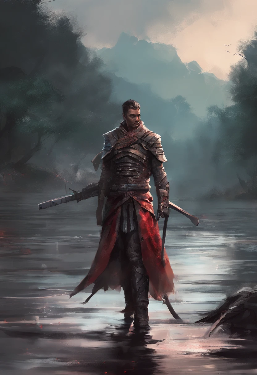 A modern warrior by the river,Carry present weapons,Emerge from the water,The banks of the river are full of enemy corpses,Blood stained the lake red,The sky is cloudy,A narrow ray of sunlight slanted to the shore。