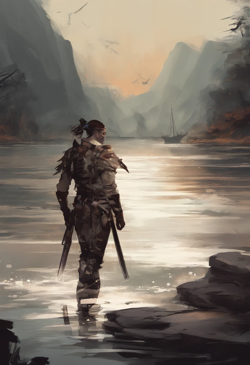 A modern warrior by the river,Carry present weapons,Emerge from the water,The banks of the river are full of enemy corpses,Blood stained the lake red,The sky is cloudy,A narrow ray of sunlight slanted to the shore。