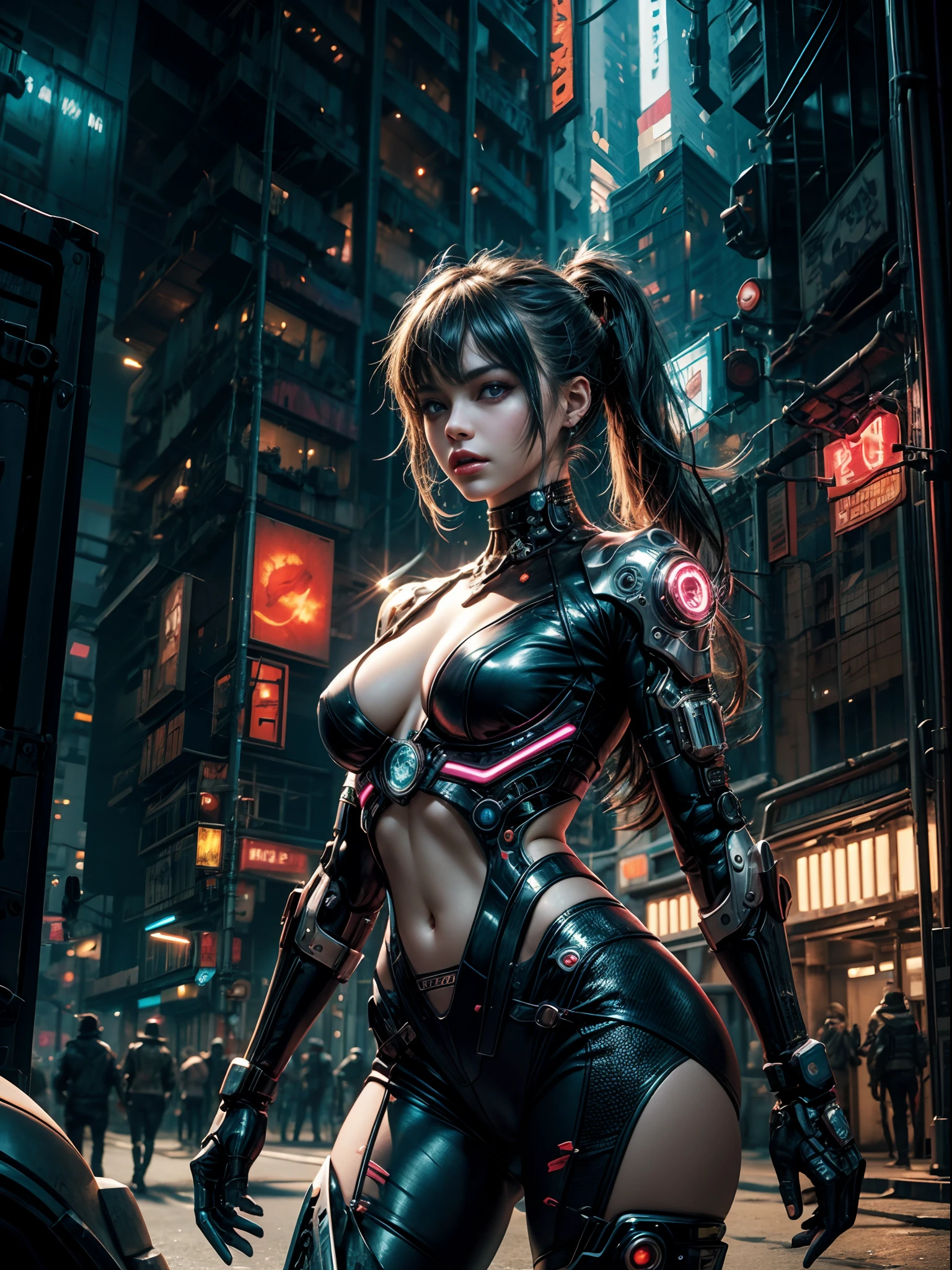 1 Cyberpunk girl, cowboy shot, NSFW, futuristic, mechanical aesthetics, complex machinery, high-tech futuristic Cyberpunk city in the background, virtual engine 5, cinematic lighting.