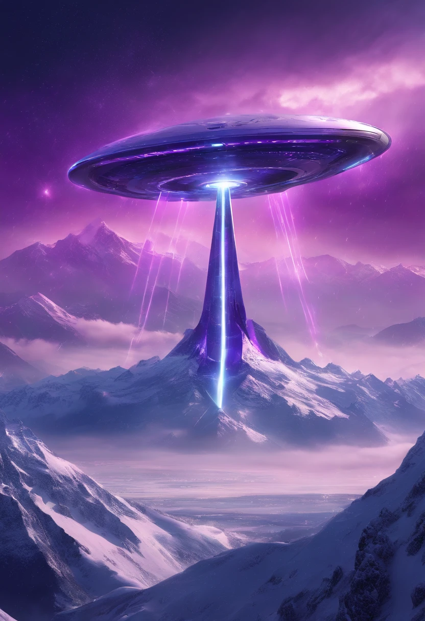 Futuristic alien spaceship flying over snowy mountains, dark sky, purple color lighting, Rain,Lightning, Hyper realistic, Highly detailed,8K