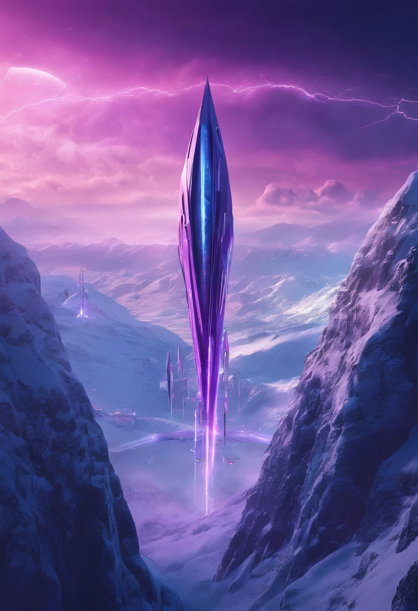 Futuristic alien spaceship flying over snowy mountains, dark sky, purple color lighting, Rain,Lightning, Hyper realistic, Highly detailed,8K