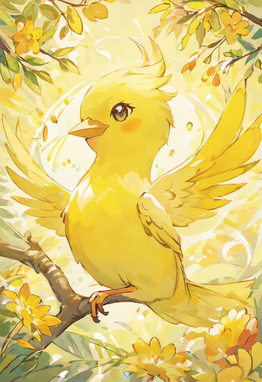 In this enchanting illustration, a vibrant Canary bird takes center stage, captivating the viewer with its radiant beauty and cheerful demeanor. Against a soft, pastel backdrop, the Canary's presence shines like a ray of sunshine, making it a delightful and heartwarming subject.

The Canary's petite form is rendered with precision and grace, capturing the essence of this beloved avian companion. Its plumage is a breathtaking symphony of color, featuring a vibrant shade of yellow that ranges from soft lemon to rich gold. Each feather is impeccably detailed, with a subtle iridescence that adds a touch of magic to the bird's appearance.

Perched gracefully on a slender branch, the Canary's posture exudes confidence and charm. Its tiny feet grip the perch with ease, showcasing the bird's natural grace and agility. The bird's head is adorned with a fine, pointed beak that hints at its adeptness in cracking seeds. Bright, expressive eyes radiate intelligence and a hint of playfulness, drawing the observer into the bird's cheerful world.

This enchanting Canary illustration captures not only the bird's striking appearance but also its lively spirit and captivating personality. It's a tribute to the Canary's role as a cherished companion, a symbol of joy and harmony, and a reminder of the simple pleasures of life. Against the gentle backdrop, this Canary shines as a radiant and heartwarming muse, sure to bring a smile to the faces of those who encounter its vibrant presence, not on a branch but feet are on the floor, the background is white, tips of the wings are white, not red cheeks,