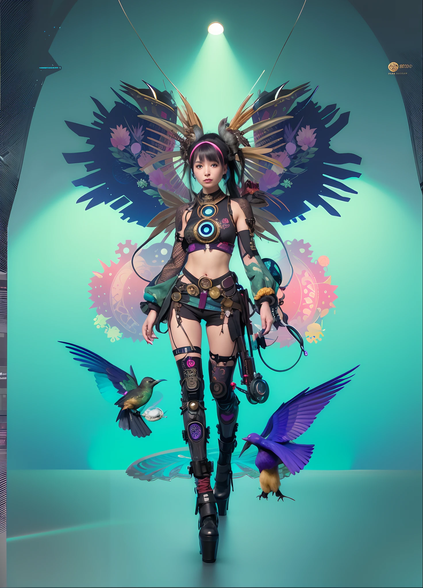 Woman in costume carrying bird and bird on her back, colorful sci-fi steampunk, Solarpunk Human, Digital Cyberpunk Anime Art, colorfull digital fantasy art, Vivid steampunk concept, digital cyberpunk - anime art, cyberpunk flowerpunk, digital steampunk art, Cyberpunk Anime Girl, steampunk beautiful anime woman, intricate ornate anime cgi style, Fashionable cyberpunk mechanoids