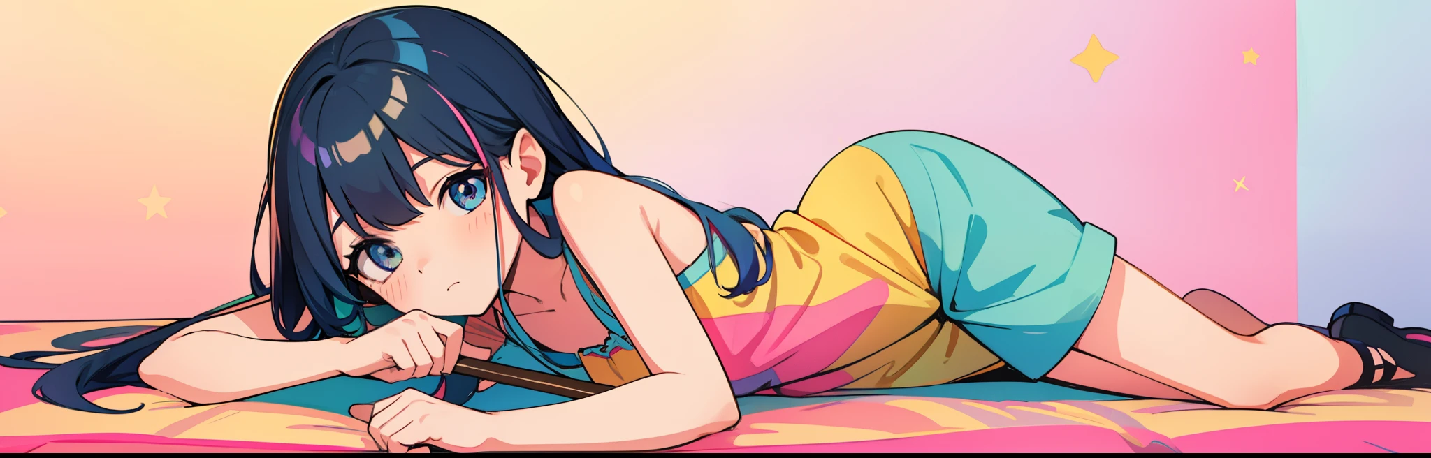 hightquality、colorful backdrop、Cute girl lying down、He is looking at me with a cane on his cheek.