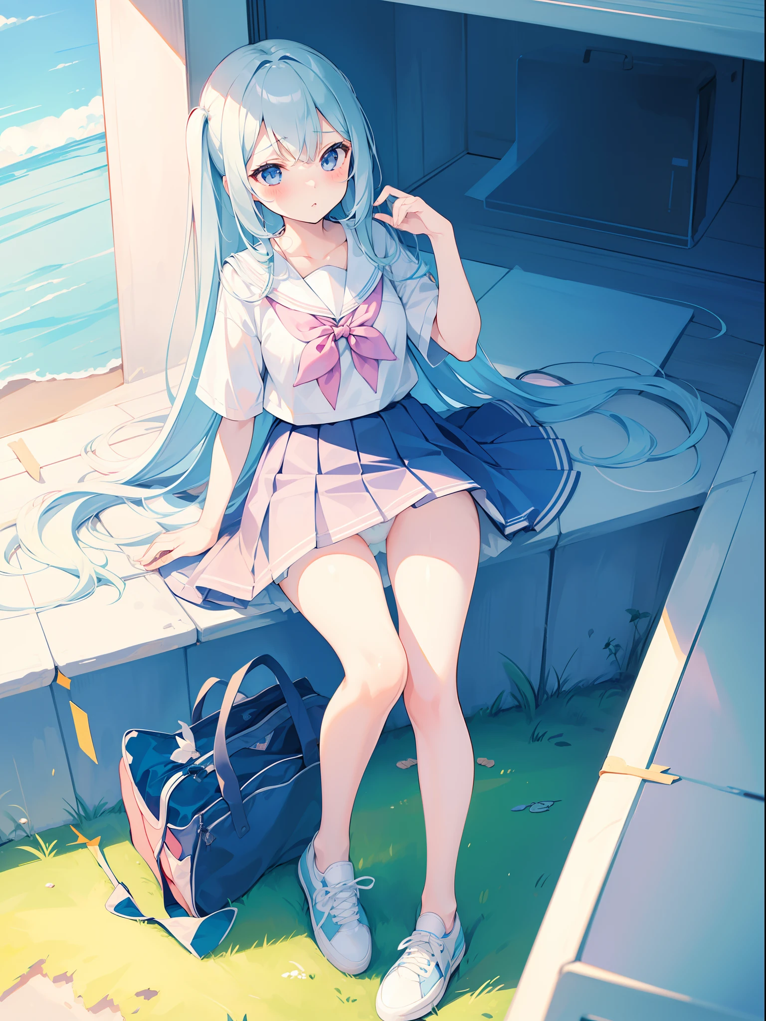 1 girl , knees up, front,full body , (panty shot), sneakers, school uniform , pale blue hair, tareme, blush ,((masterpiece)), ((best quality)), ((ultra-detailed)), (illustration), ((an extremely delicate and beautiful))