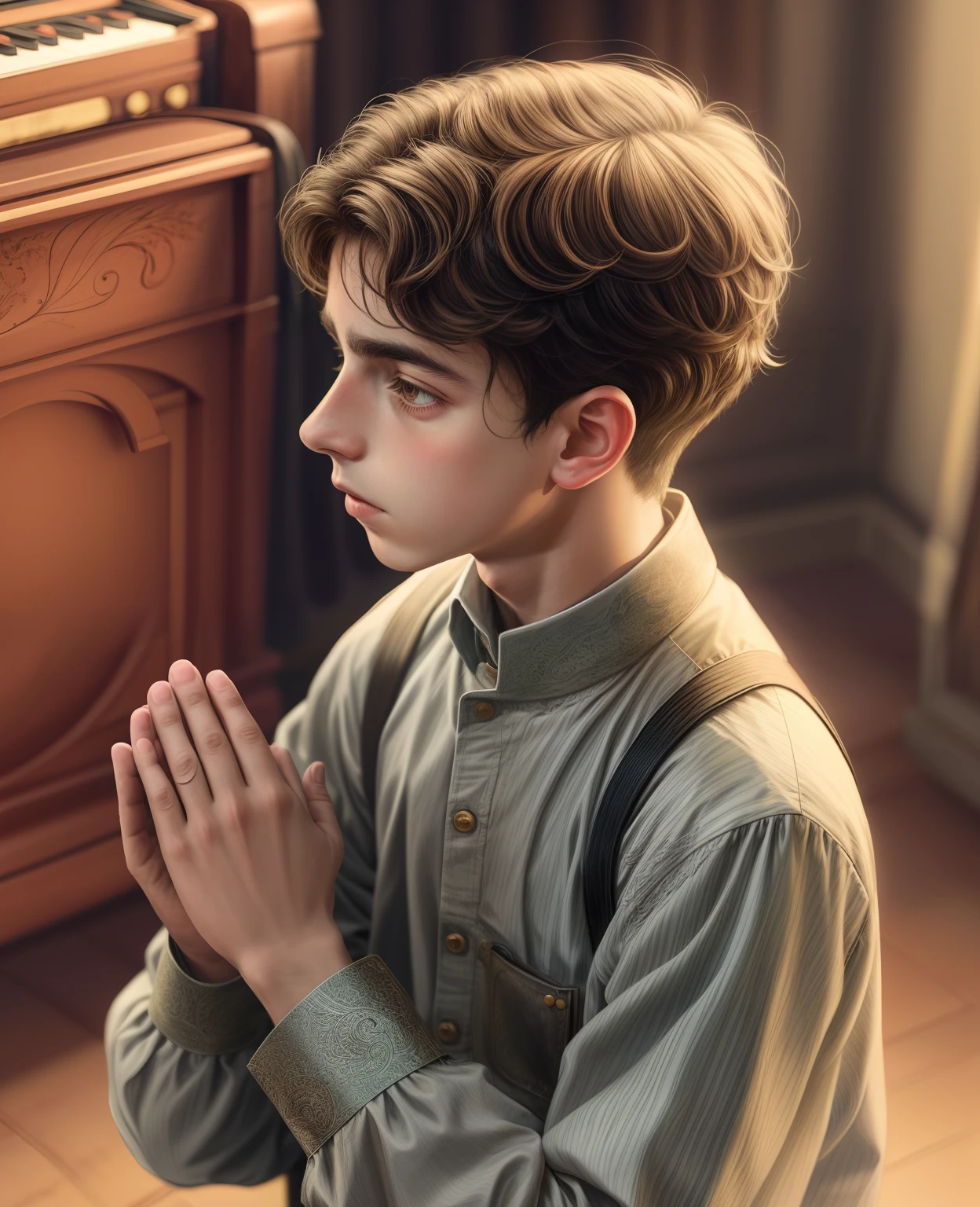 There is a boy who is praying in front of a piano, Arte no estilo de Guweiz, inspirado em Samuel Colman, fan art, inspirado em L. Alcopley, fanart detalhado, Arte infantil em Artstation, arte renderizada, Directed by: Laszlo Balogh, Retrato de Timothee Chalamet, inspirado em William Crosbie, cinematic
