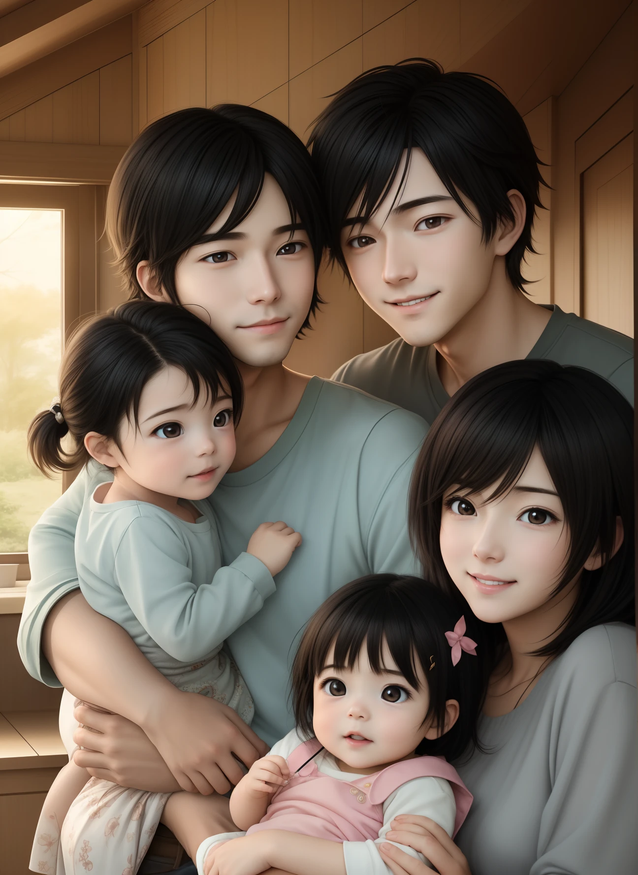 Happy family home
Family of 3,Three people,Mom holding ,Female hair growth,Anime male protagonist,Anime heroine,Warmth,Delicate facial features,Sense of atmosphere,Moe baby,light