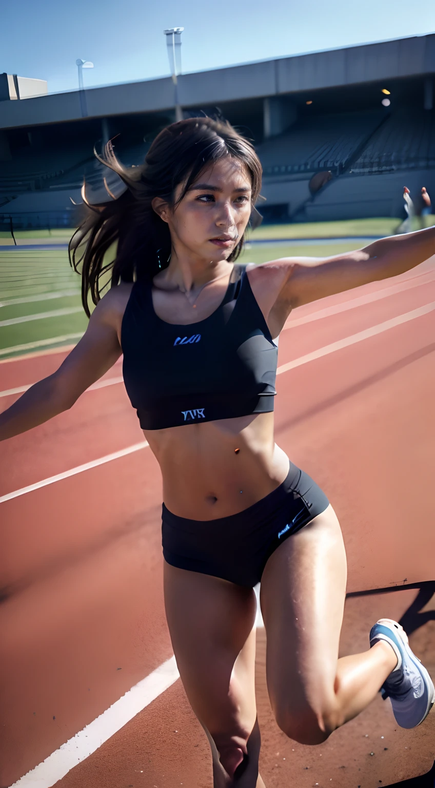 (Medium_shot:1.2), Best Quality, (8K, Raw photo, high angle full body shot,longshot,masutepiece:1.2), Realistic, Natural sunlight,Natural face,natural shadows,(1girl in),High Leg Bloomer Gym Clothes,Straight hair,Fatigue,((thighs thighs thighs thighs,small ass,abdominals)),(Slender body,Brown skin),Running while sweating at the athletics stadium, Waving your arms wobbly、Sweaty body