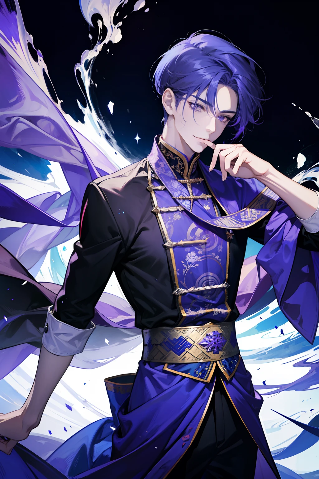 Domineering boy,Handsome,Tall muscular man,a broad shouldered,a purple eye,Purple colored hair,With a sword,fanciful,详细的脸,thrones,Magic effects,best ratio four finger and one thumb,icey,Bitter cold,cold snap,ssmile,(Dutch angle),Keep one's mouth shut