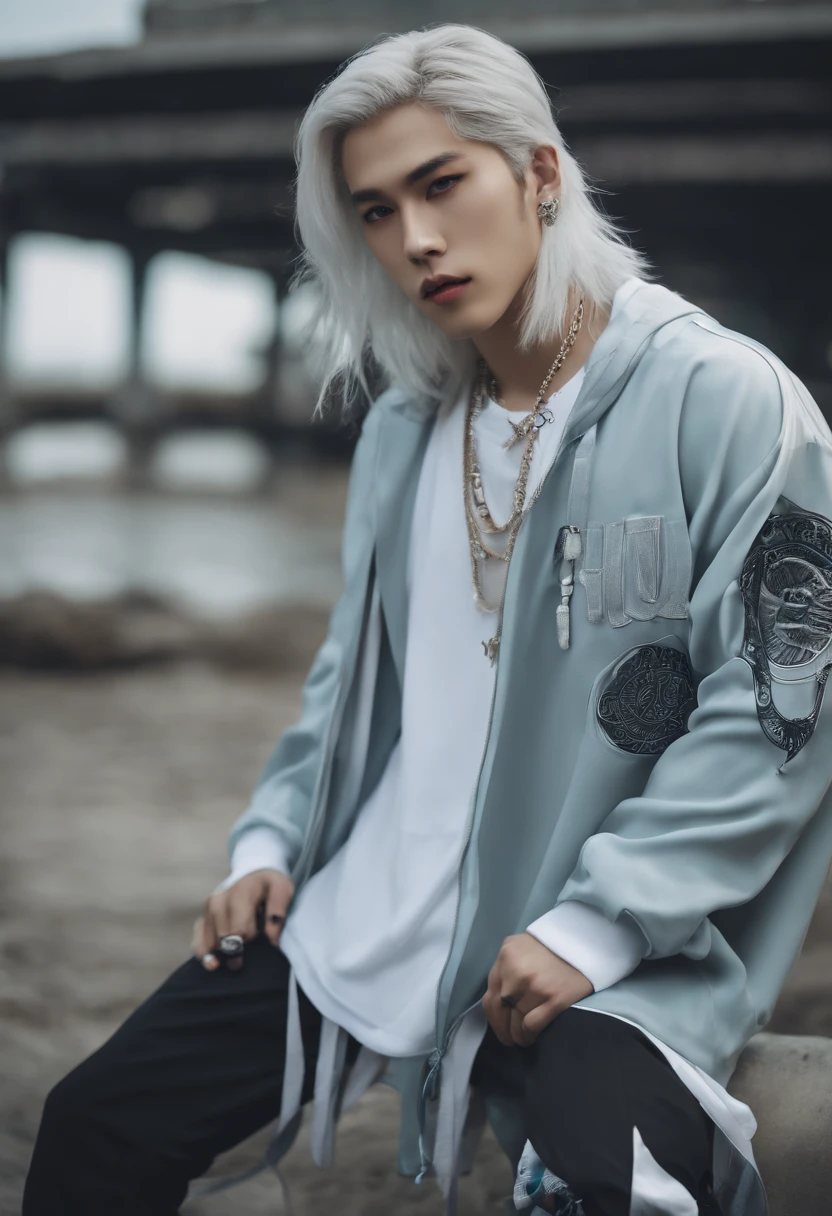 Hifh detail kpop boy, with cancer zodiac sign tattoo, chains, slim body with abbs, with a loose top, long silver hair with skyblue neon streaks , eyeballs blue eyes, straight up serious pose, big sized white jogging pants, cool open jacket, small body, stretching, happy face with fangs, under water background