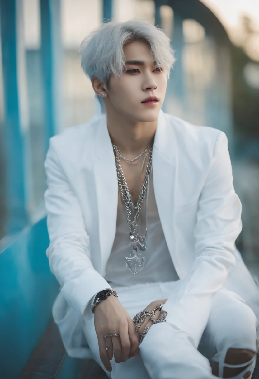 Hifh detail kpop boy, with cancer zodiac sign tattoo, chains, slim body with abbs, with a loose top, long silver hair with skyblue neon streaks , eyeballs blue eyes, straight up serious pose, big sized white jogging pants, cool open jacket, small body, stretching, happy face with fangs, under water background