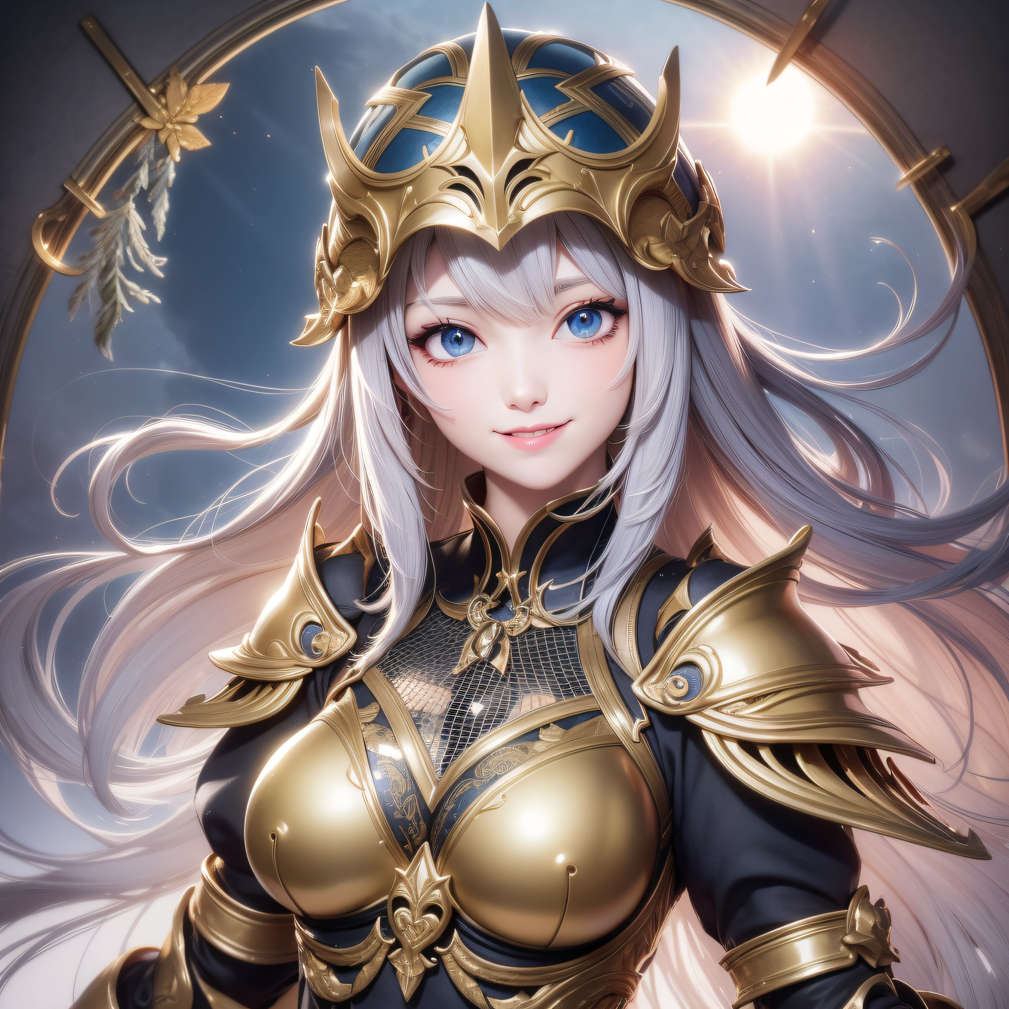 Armoured helmet、Armoured helmet、Close up of a smile with the corners of the mouth raised、Smiling Armor Doll、Armoured helmet、armor girl、Armor Costume、Cosplay、(realisitic、hight resolution)、(1 girl in)、armor girl、Do-Up Eye、Korean Girl、(Best Quality), (masutepiece), (1girl in), Solo, a beauty girl, Perfect face, dreamlikeart、Highly detailed airbrush art((Surreal))、Volumetric lighting、(top-quality)、The ultra-detailliert、(The composition of the movement:1.4)、Highly detailed colorful details、(Bright lighting)、dynamic compositions、Ray traching、The mirror reflects light、Shallow depth of field、ultra-detailliert、mixing exposure、nffsw、Her eyes are shining、Her face is full of anticipation and courage、A smile appears on the lips of a girl。 At the rear、The sun is slowly tilting to the west。