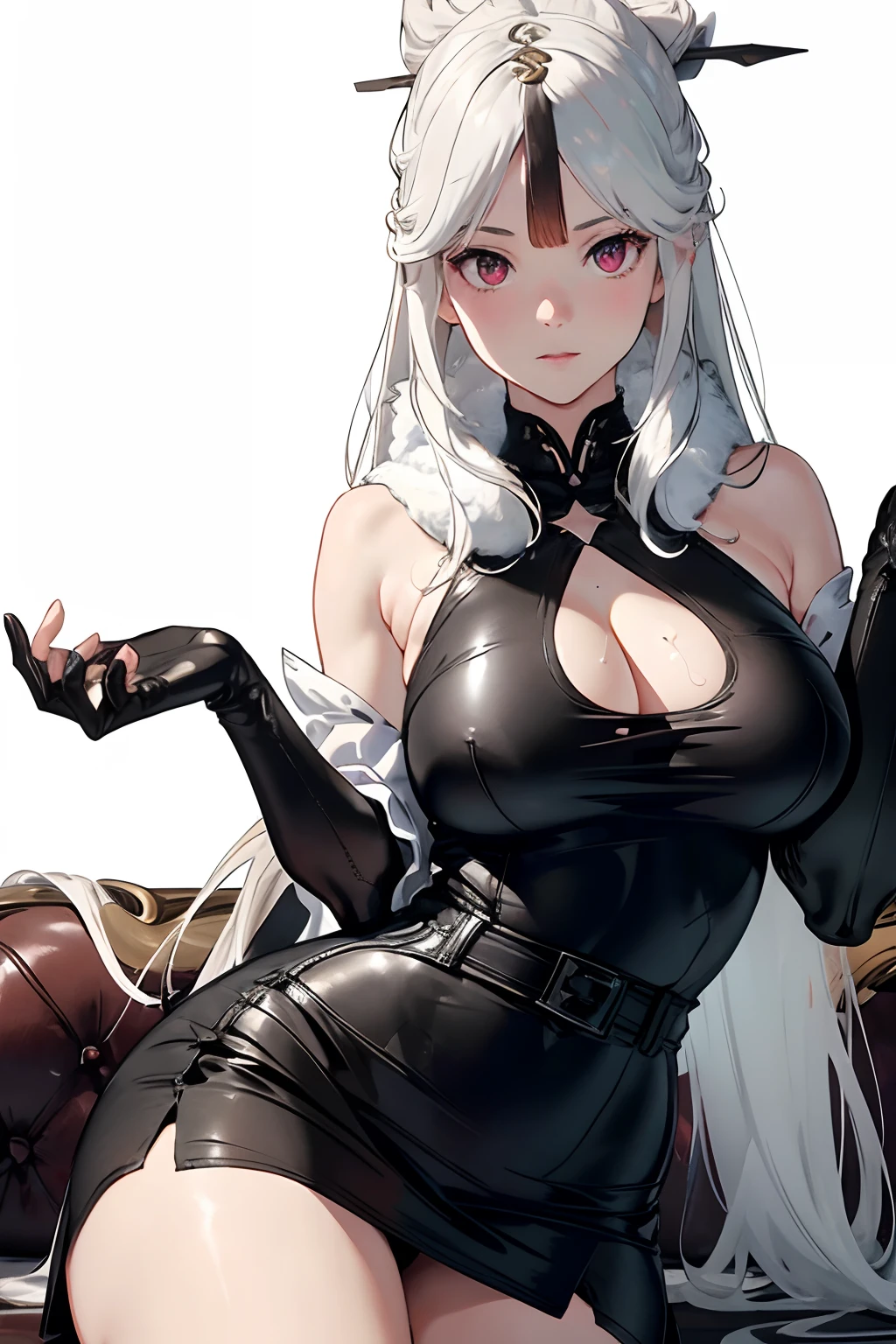 anime woman, white hair, RAW, masterpiece, super fine photo, best quality, super high resolution, realistic, sunlight, full body portrait, amazingly beautiful, dynamic pose, delicate face, vibrant eyes, (side view) ,1 woman, red face, slightly open lips, wet body, full and symmetrical breasts, raised buttocks, two breasts buttoned, white long knee-length boots, wavy curls, tattoos, chest bumps close-up, Hip closeup, multiple angles, black sky, dark background, dynamic angle, flowing, sitting on leather sofa, very detailed background, detailed face, detailed neat background, gorgeous, milky white, high detail skin, realistic skin details, visible pores, clear focus, volumetric fog, 8k UHD, DSLR, high quality, film grain, fair skin, realism, lomography, translucent, translucent dress when viewed from below, Secretary_uniform,white_shirt, black_leather_skirt, black_stockings,