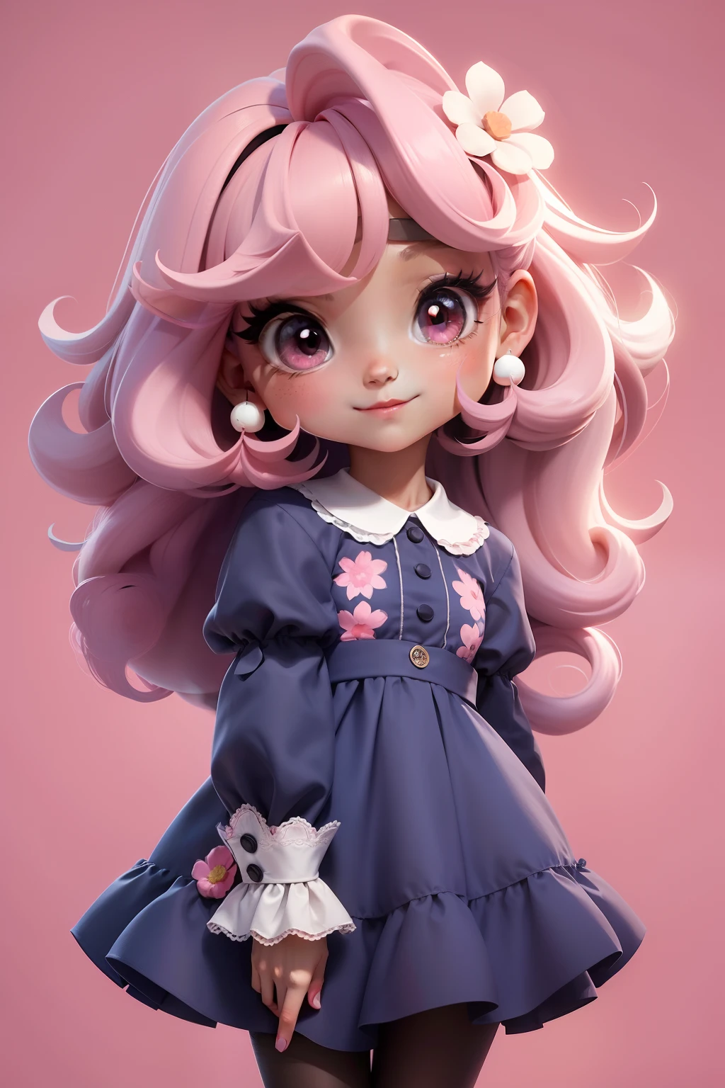 estilo Chibi de cabelos compridos rosa, Hat at Ceba, olhos claros, vestido, jardim com muitas flores