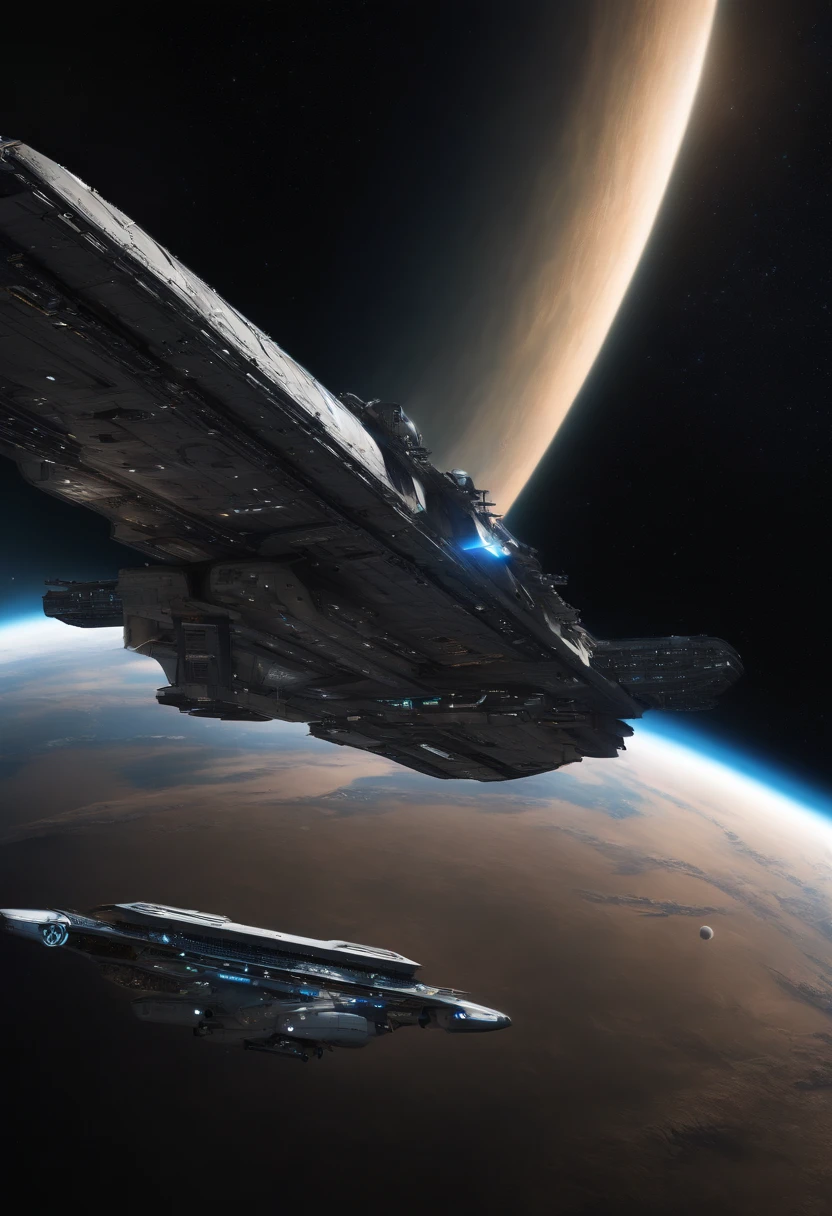 (best quality,4k,8k,highres,masterpiece:1.2), ultra-detailed, (realistic,photorealistic,photo-realistic:1.37), space art, high-angle view:1.2, in space, massive aircraft carrier, cyberpunk, magical glow, glowing neon lights, interstellar space, traversing machines, futuristic technology concepts, computers, interstellar travel, magnificent space scene.