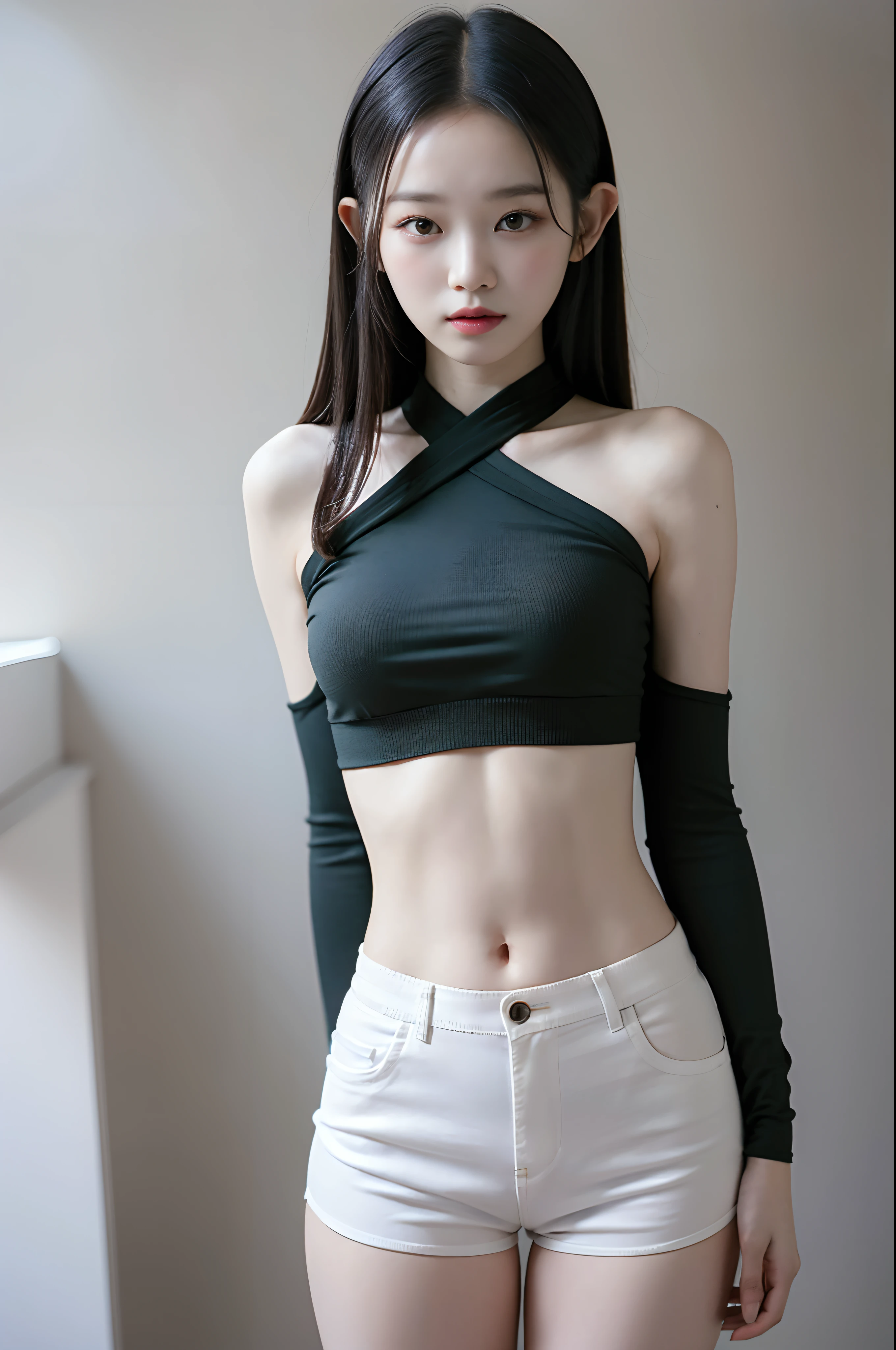 full body view, kim chaewon as a sexy elf, kim chaewon in a fantasy world, kim chaewon is a petite young elf girl, kim chaewon, petite girl, small breast, petite figure, long hair, crop-top shirt, white shorts, exposed, midriff exposed, small tits, ((thin-waist)), a small face