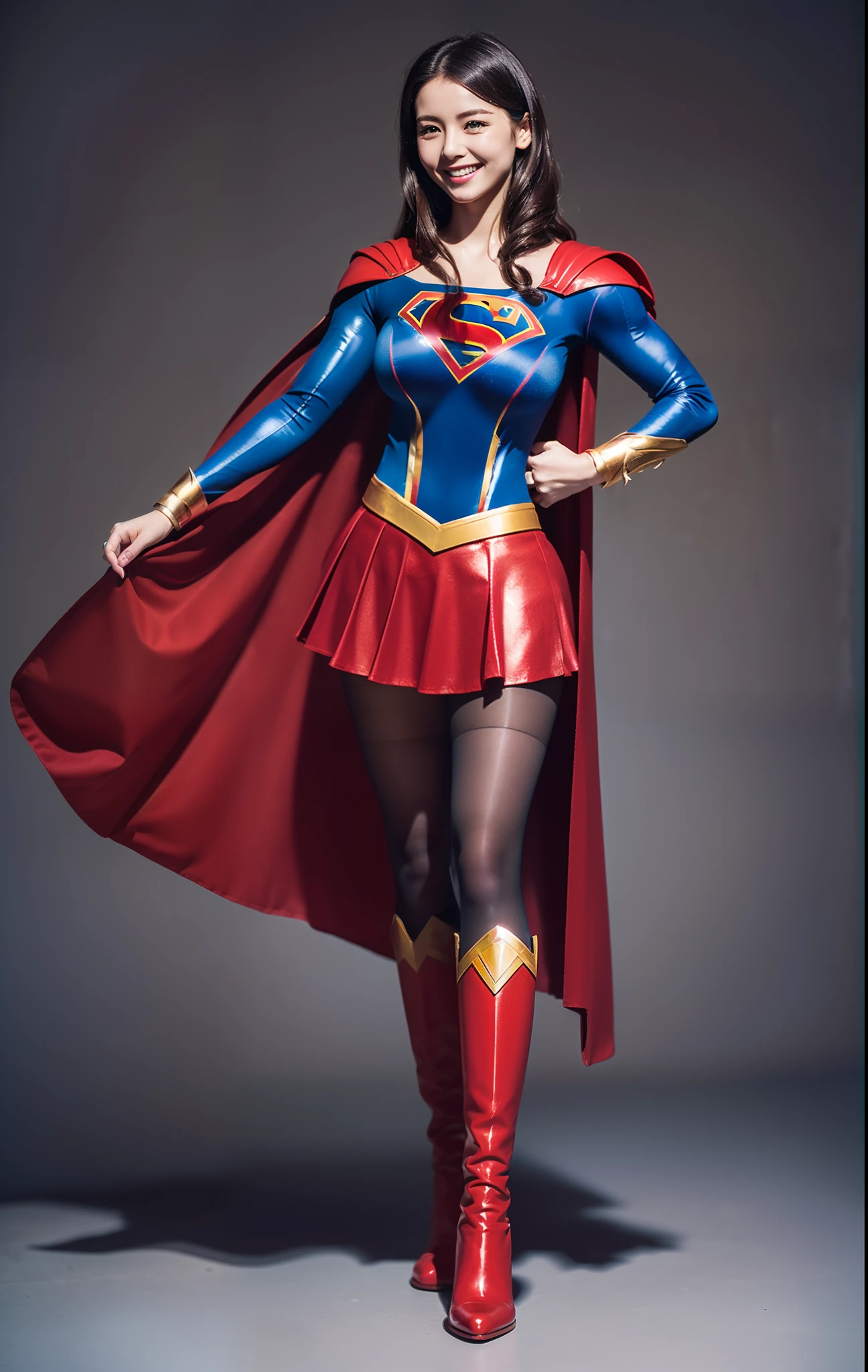 (((Make the most of the original image)))、(((Supergirl Costume)))、(((lustrous dark hair)))、(((Suffering)))、(((Feet must necessarily be worn with black tights)))、(((Smile)))、(((You need to wear red boots)))、((Top image quality、8K))、((top-quality、8K、​masterpiece:1.3))、Crisp focus:1.2、Beautiful woman with perfect body shape:1.4、Slender Abs:1.2、((layers-Cut、large boob:1.2))、a wet body:1.5、Highly detailed facial and skin texture、