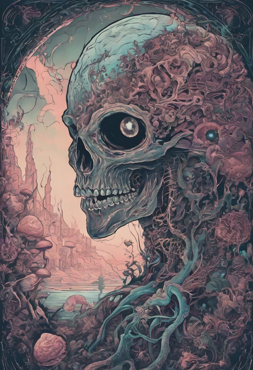alien monster DJ, exposed brain, many mushrooms growing from brain, lsd trippy, bioluminescence
